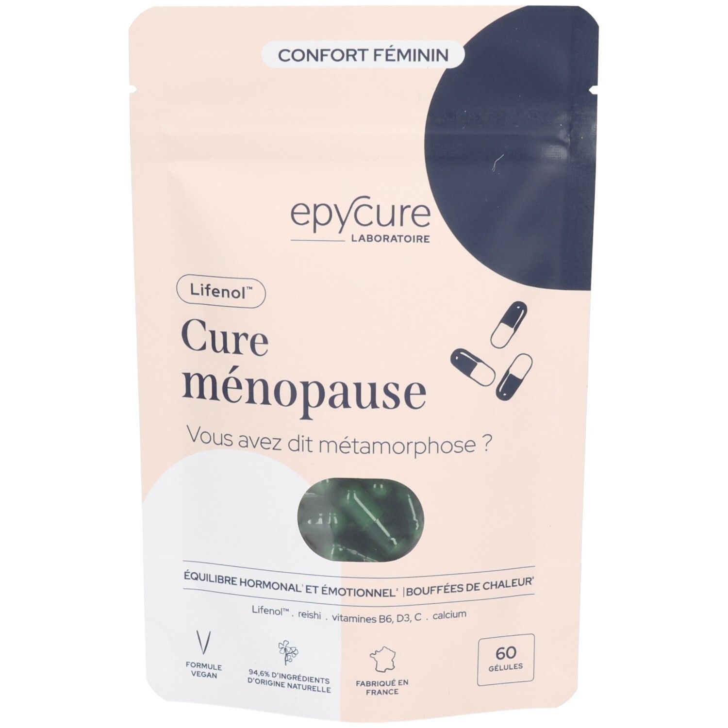 Sachet Cure ménopause avec gélules. Inscription: Lifenol, 60 gélules. Logo vegan. Texte: Confort féminin, Équilibre hormonal.