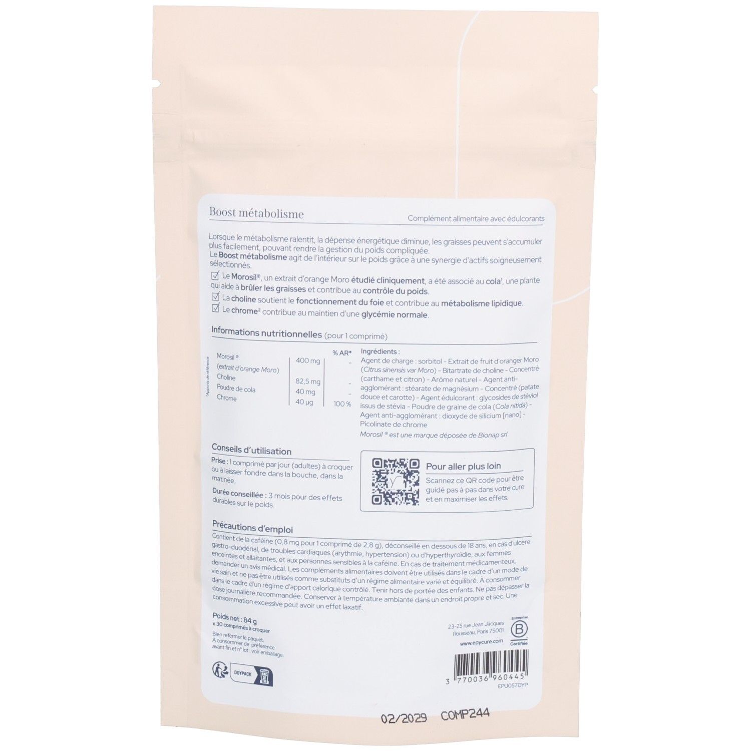 Rückseite des Beutels. Textinformationen zu Boost métabolisme, Inhaltsstoffe, Anwendungshinweise und QR-Code.