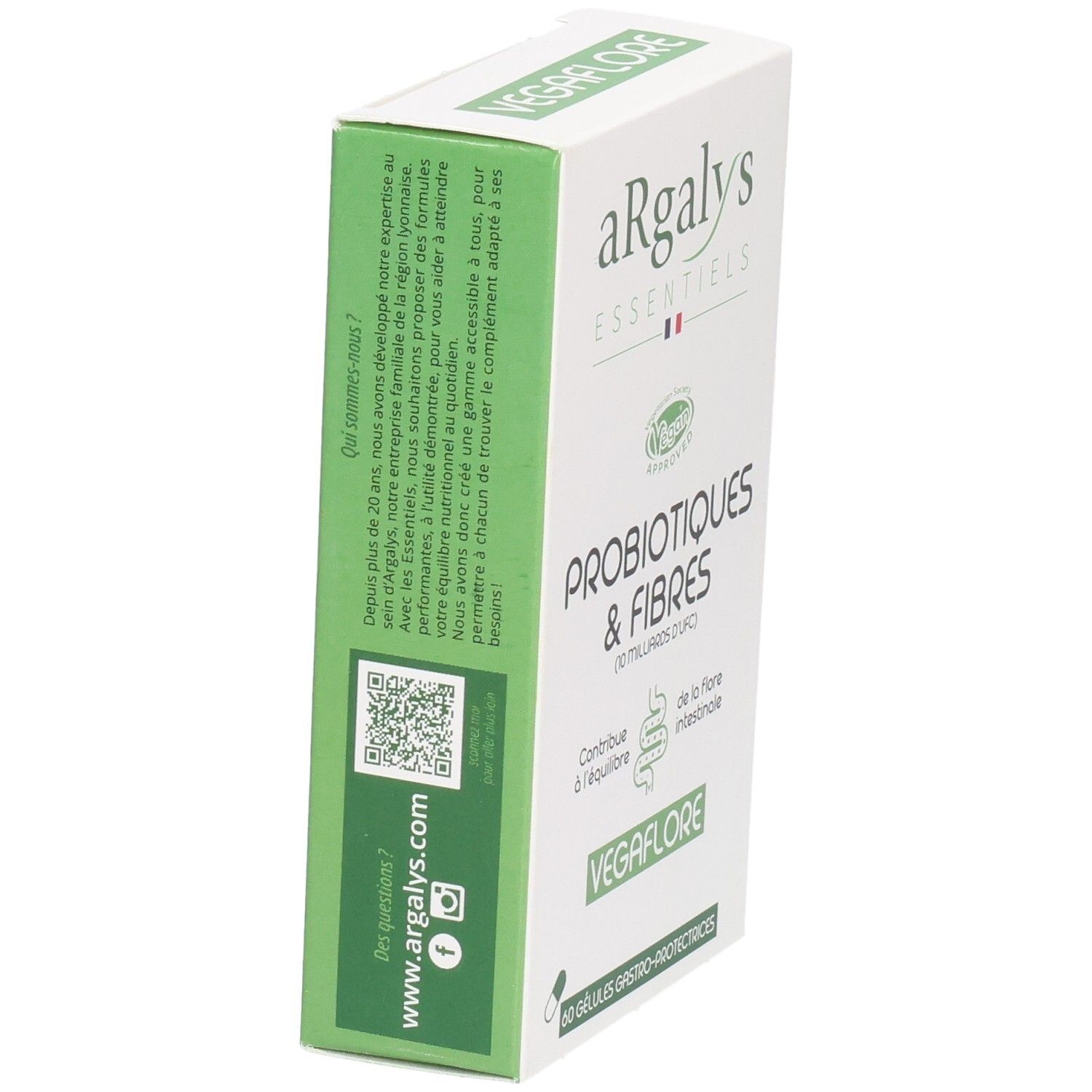 Boîte avec informations produit. Contient code QR et adresse du site web. Côtés verts.