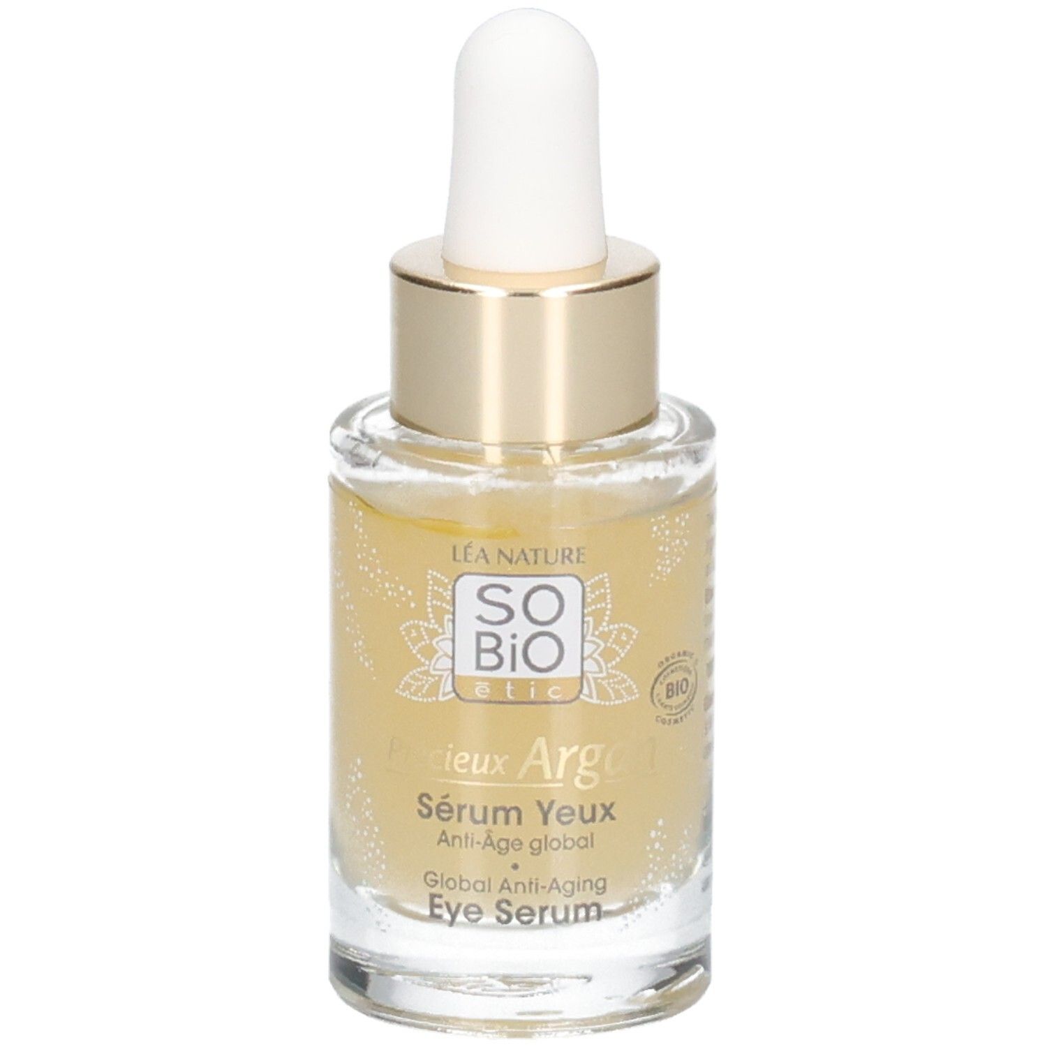 Glasflasche mit goldfarbenem Verschluss und Pipette. Aufschrift: Sérum Yeux Anti-Âge global. Bio-Zertifizierung.
