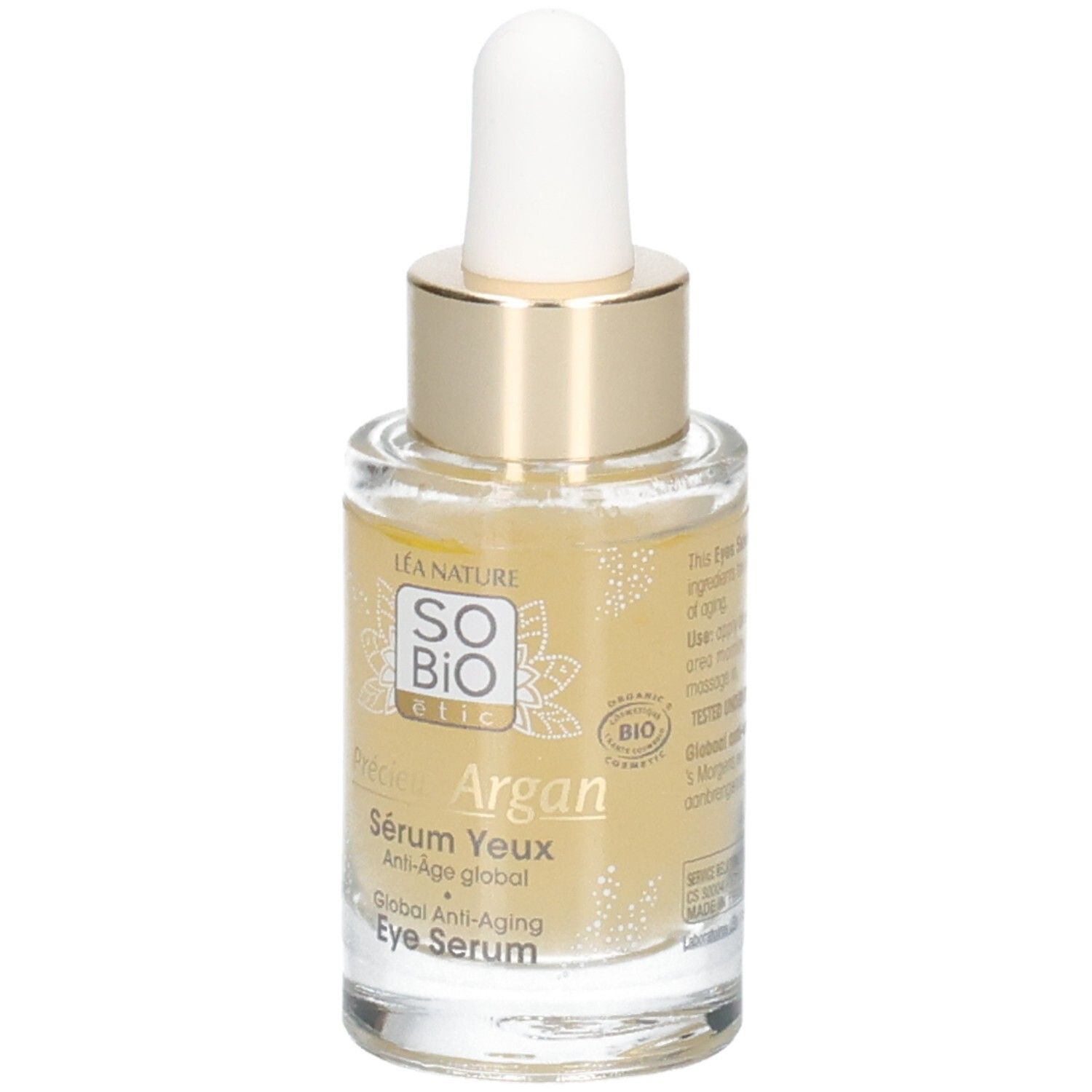 Glasflasche mit goldfarbenem Verschluss und Pipette. Aufschrift: Sérum Yeux Anti-Âge global. Bio-Zertifizierung.