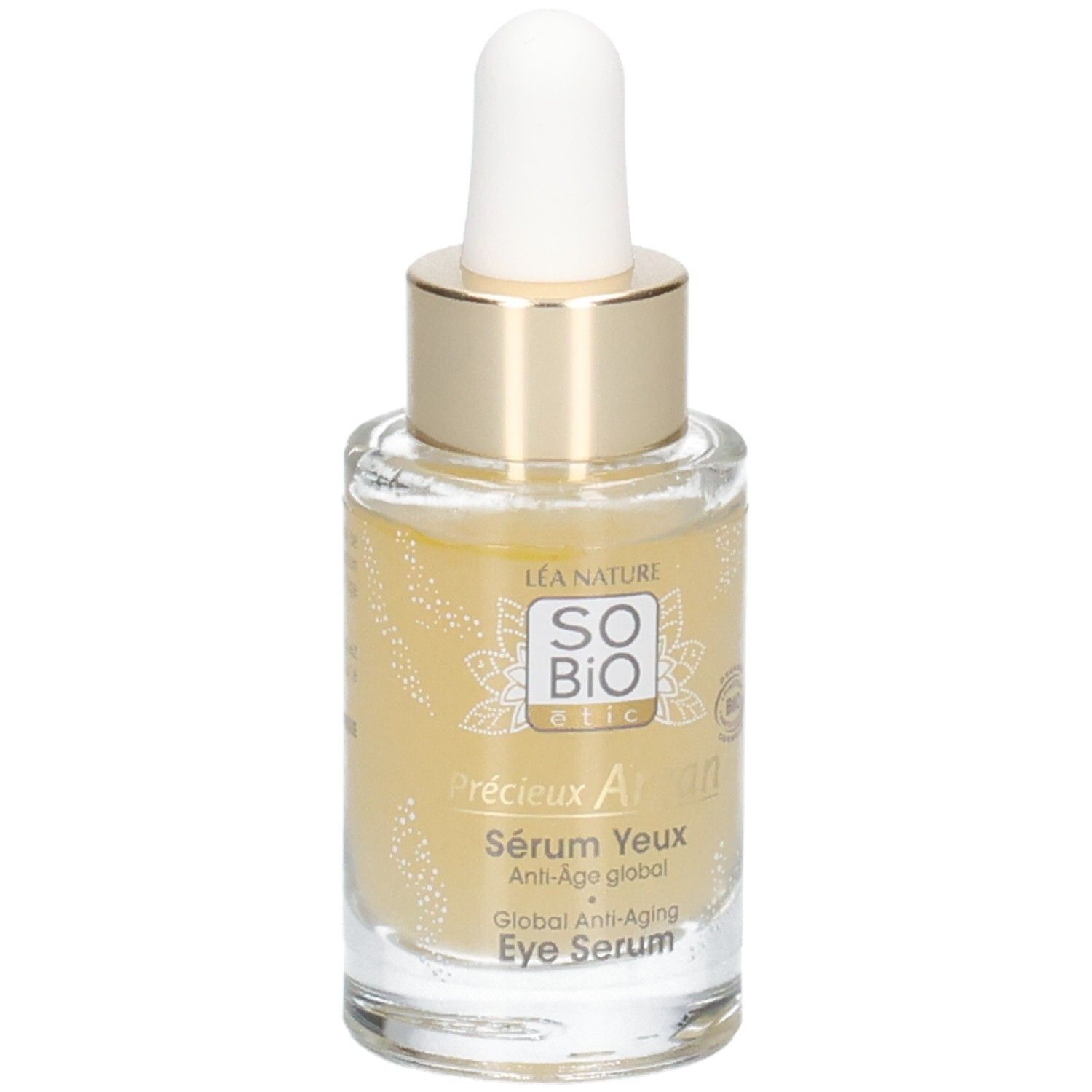 Glasflasche mit goldfarbenem Verschluss und Pipette. Aufschrift: Sérum Yeux Anti-Âge global. Bio-Zertifizierung.
