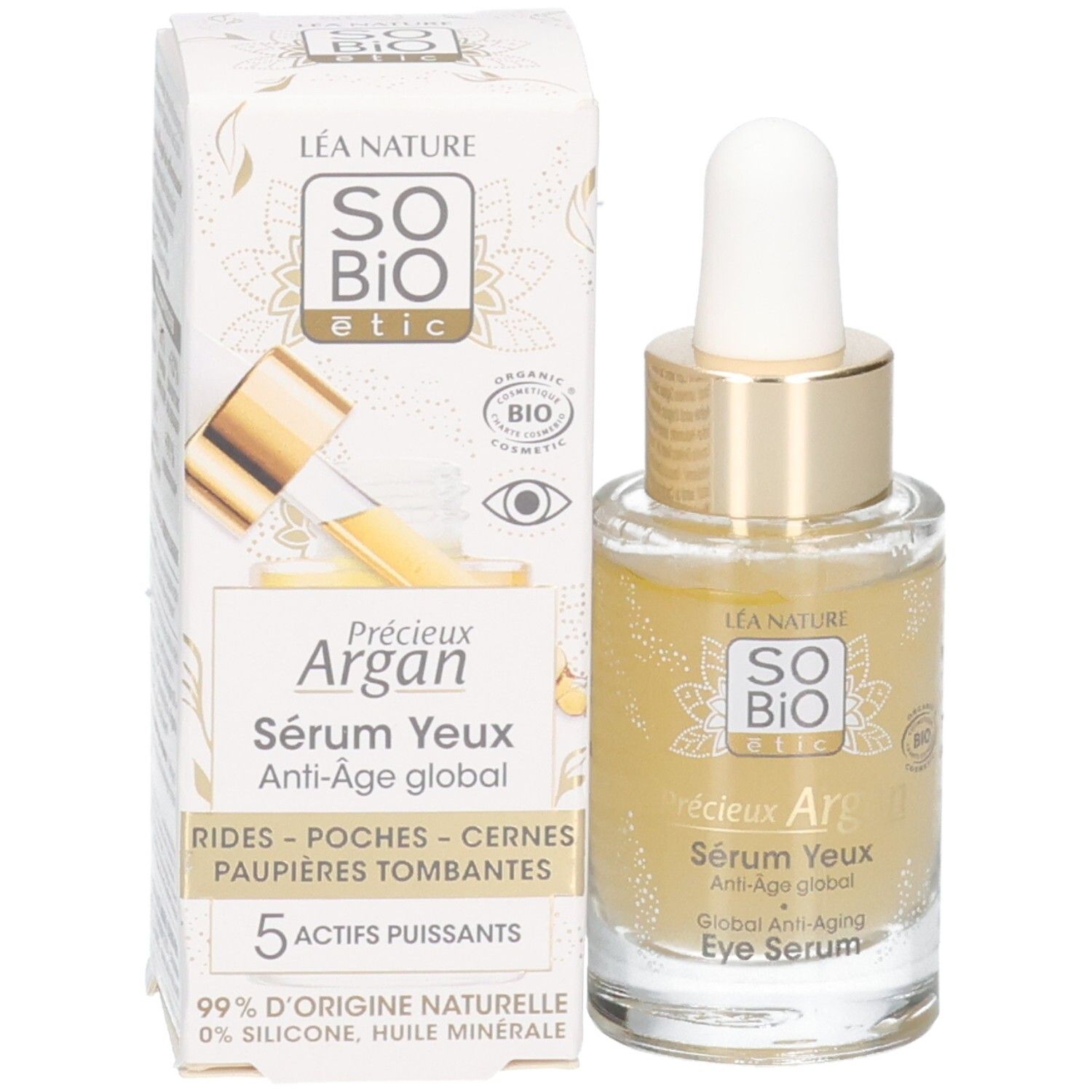 Produktverpackung und Flasche. Aufschrift: Sérum Yeux Anti-Âge global. 5 Wirkstoffe. Bio-Zertifizierung.