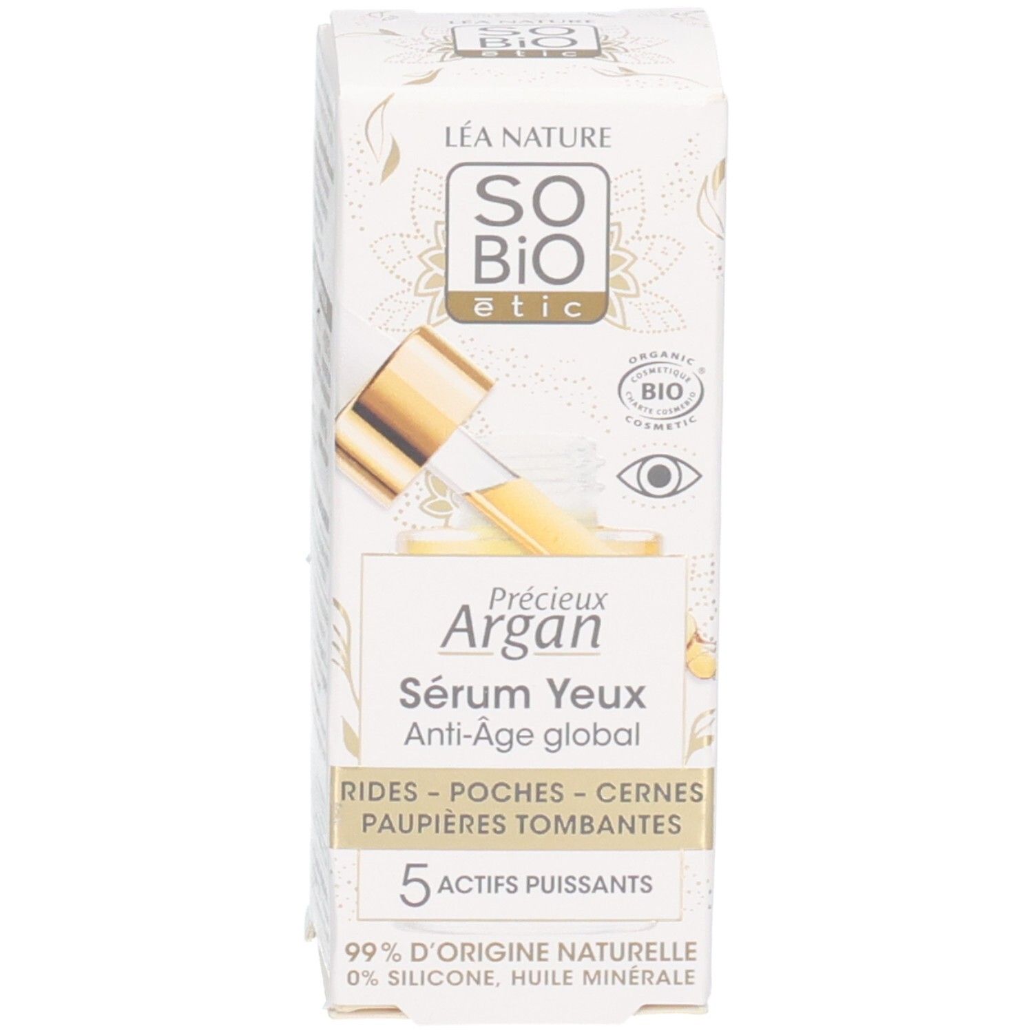 Produktverpackung. Aufschrift: Sérum Yeux Anti-Âge global. 5 Wirkstoffe. 99% natürlichen Ursprungs.