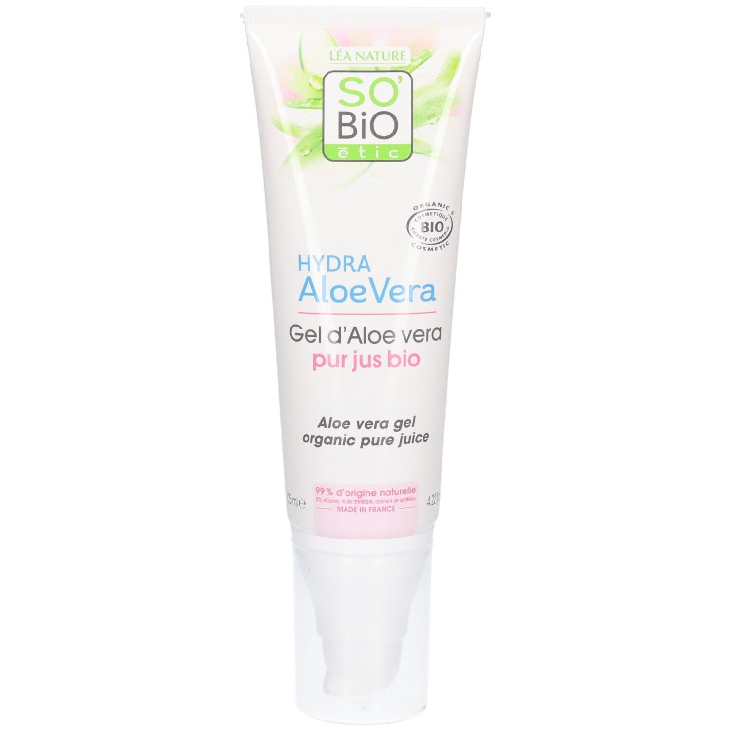 Weiße Tube mit grünen und rosa Akzenten. Aufschrift: Hydra Aloe Vera Gel. Bio-Zertifizierung. Produktname und Logo.