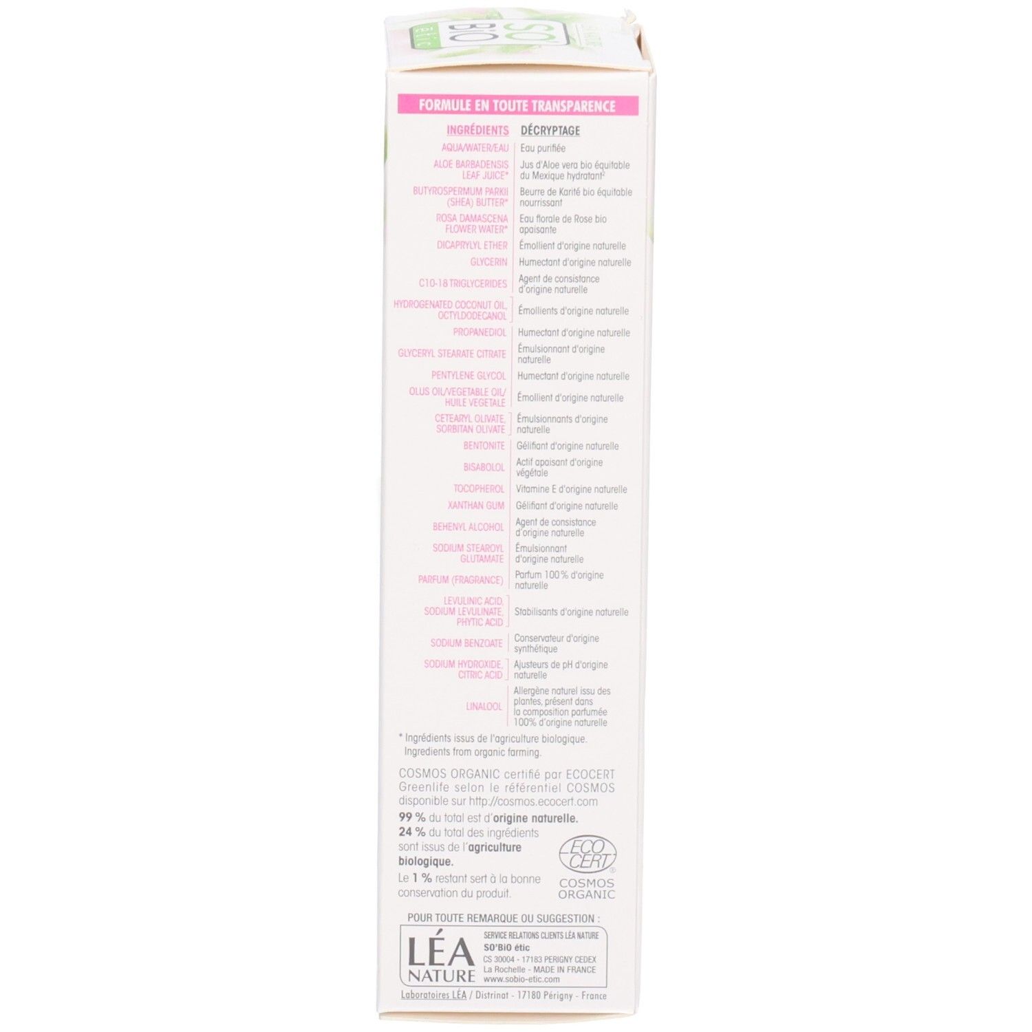 Dos de l'emballage So Bio Etic Hydra Aloe Vera. Texte: Ingrédients, certifications, informations fabricant. Label bio.