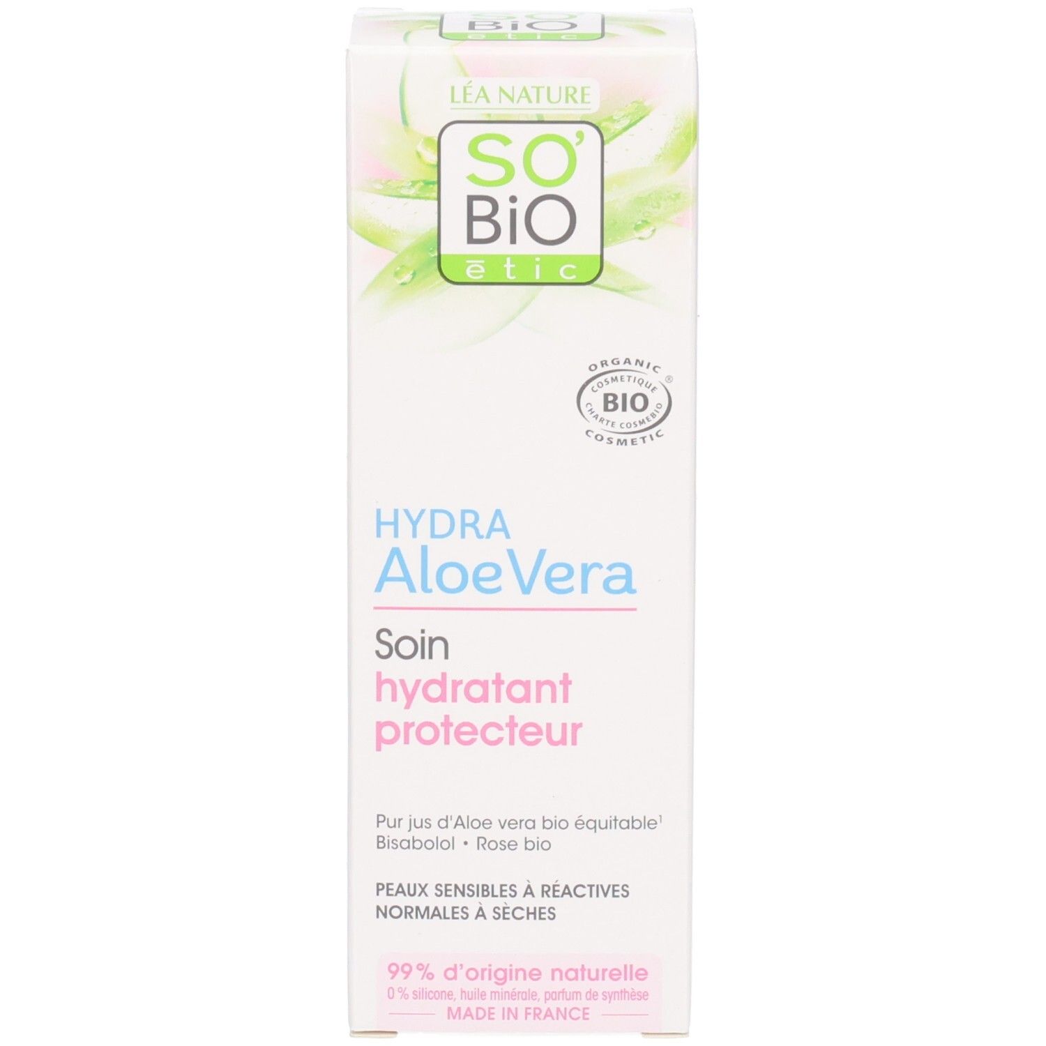 Emballage So Bio Etic Hydra Aloe Vera. Texte: Hydra Aloe Vera, Soin hydratant protecteur. Certification bio.