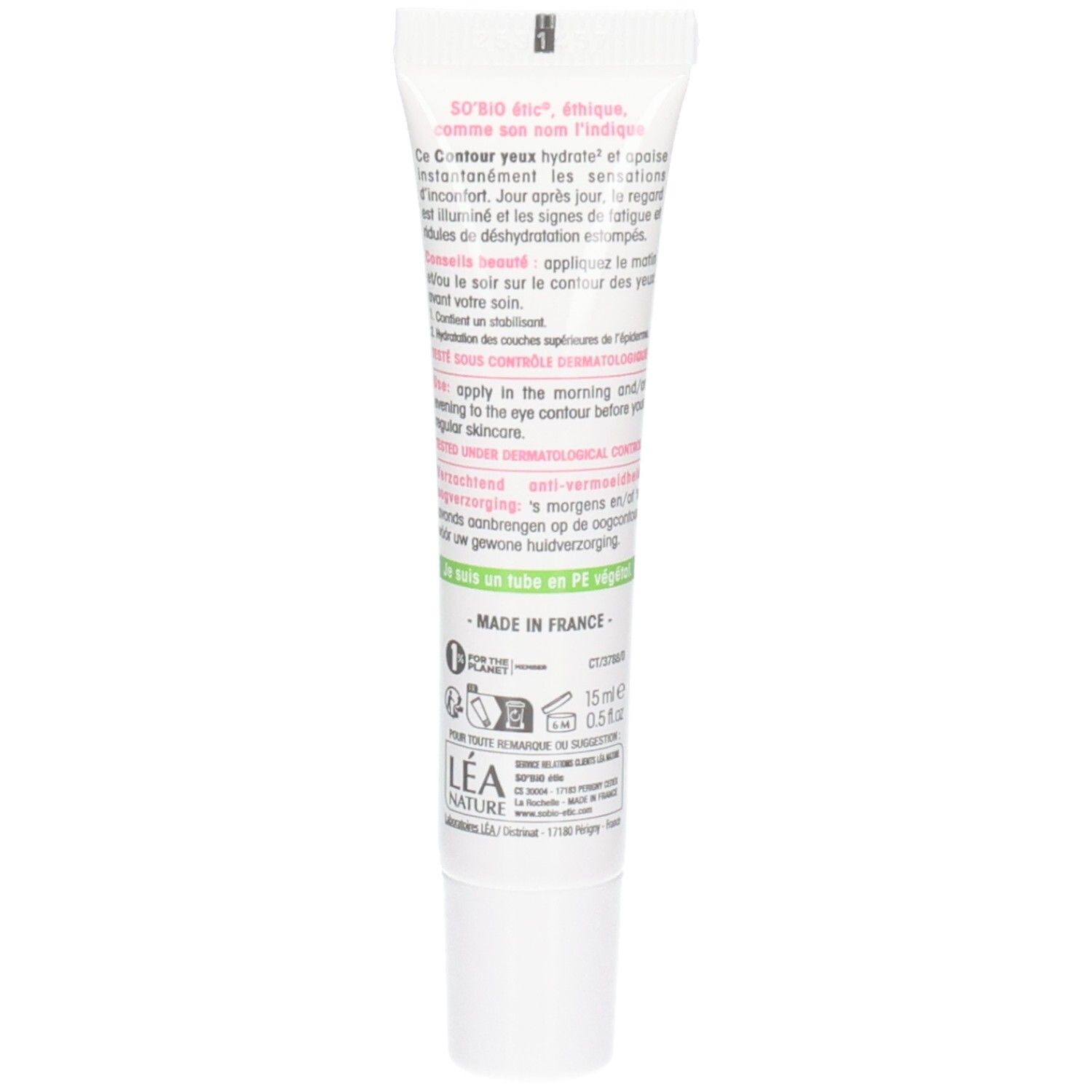 Dos du tube. Texte multilingue. Contient des informations sur le produit et ses ingrédients.