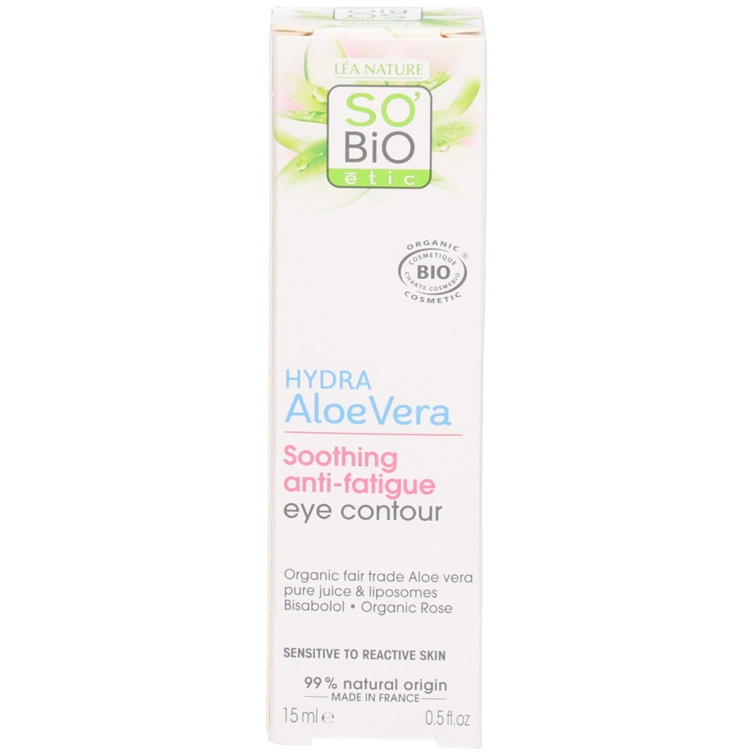 Emballage du produit. Blanc avec texte vert et rose. Contient le nom et le logo du produit. Certification bio.