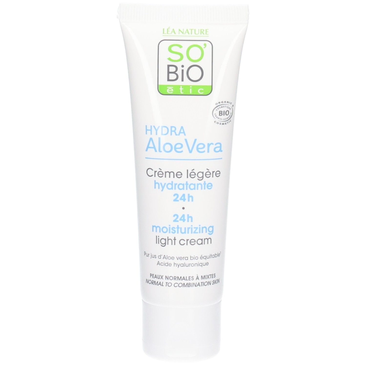 Weiße Tube mit So Bio Etic Hydra Aloe Vera Crème Légère Hydratante 24h. Bio-Zertifizierung. Text auf Französisch.