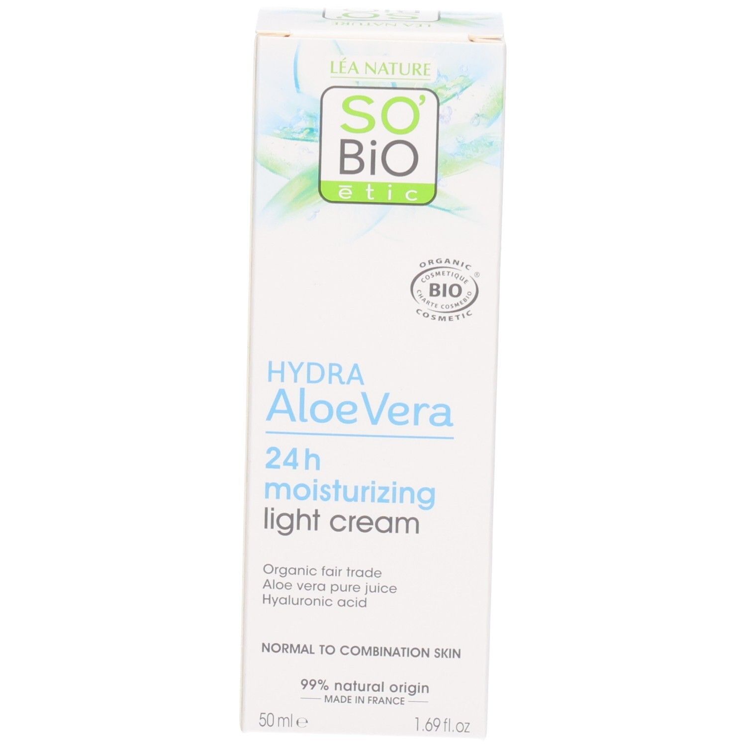 Produktverpackung. So Bio Etic Hydra Aloe Vera Crème Légère Hydratante 24h. Bio-Zertifizierung. Text auf Französisch.