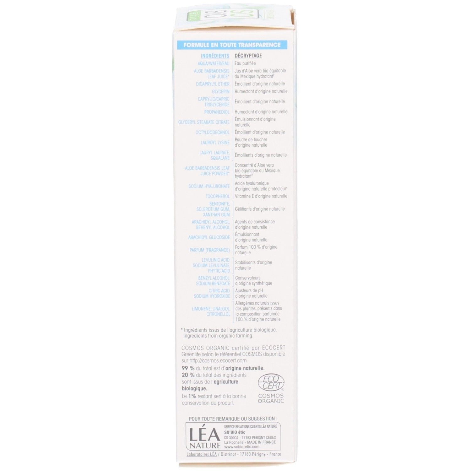 Seite der Produktverpackung. Text auf Französisch. Enthält Informationen über Inhaltsstoffe und Zertifizierungen.