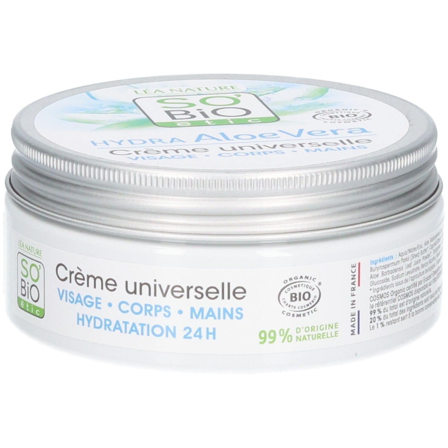Weißes Creme-Tiegel mit silbernem Deckel. Aufschrift: Hydra Aloe Vera, Crème universelle, Visage, Corps, Mains. Bio-Zertifizierung.