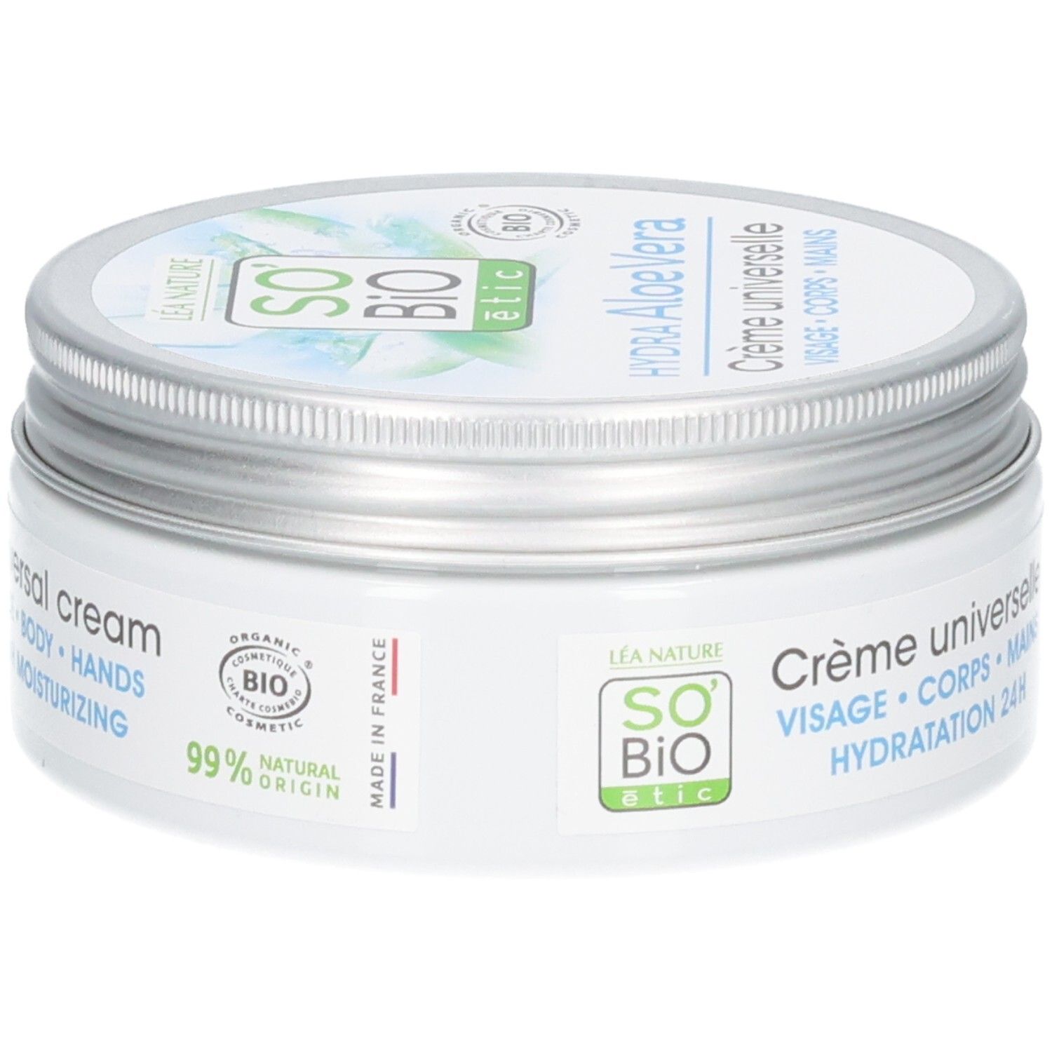 Weißer Creme-Tiegel mit silbernem Deckel. Aufschrift: Hydra Aloe Vera, Crème universelle, Visage, Corps, Mains. Bio-Zertifizierung, 99% natürlich.