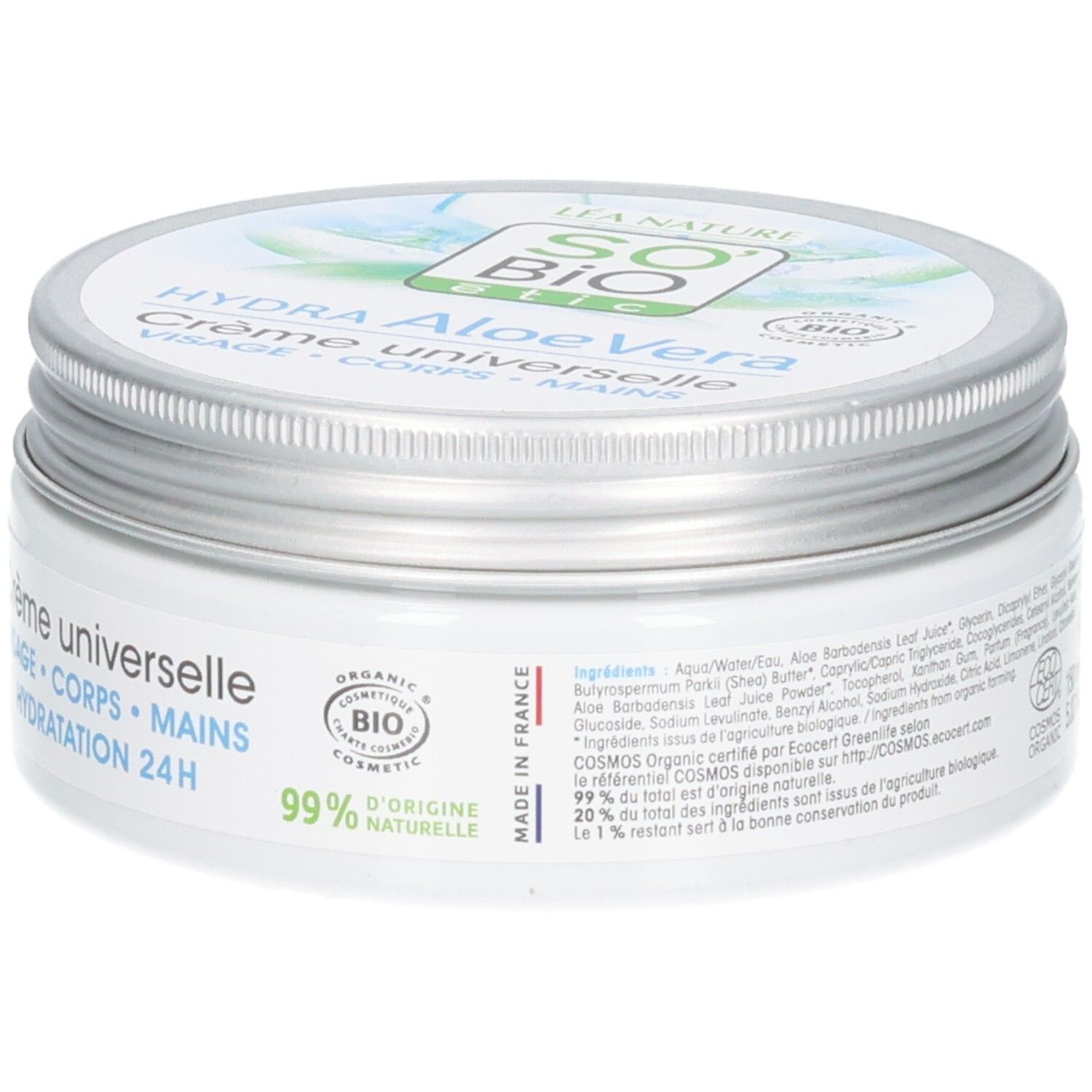 Weißer Creme-Tiegel mit silbernem Deckel. Aufschrift: Hydra Aloe Vera, Crème universelle, Visage, Corps, Mains. Bio-Zertifizierung, 99% natürlich.