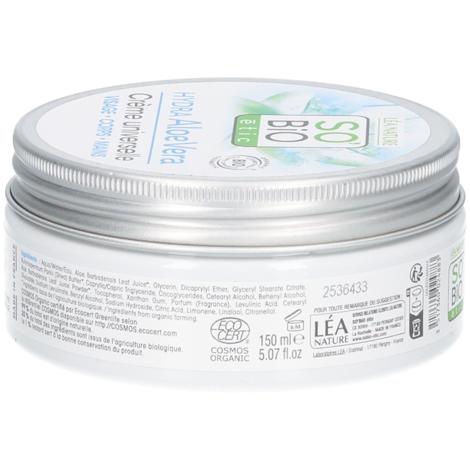 Weißer Creme-Tiegel mit silbernem Deckel. Aufschrift: Hydra Aloe Vera, Crème universelle, Visage, Corps, Mains. 150 ml, Bio-Zertifizierung.