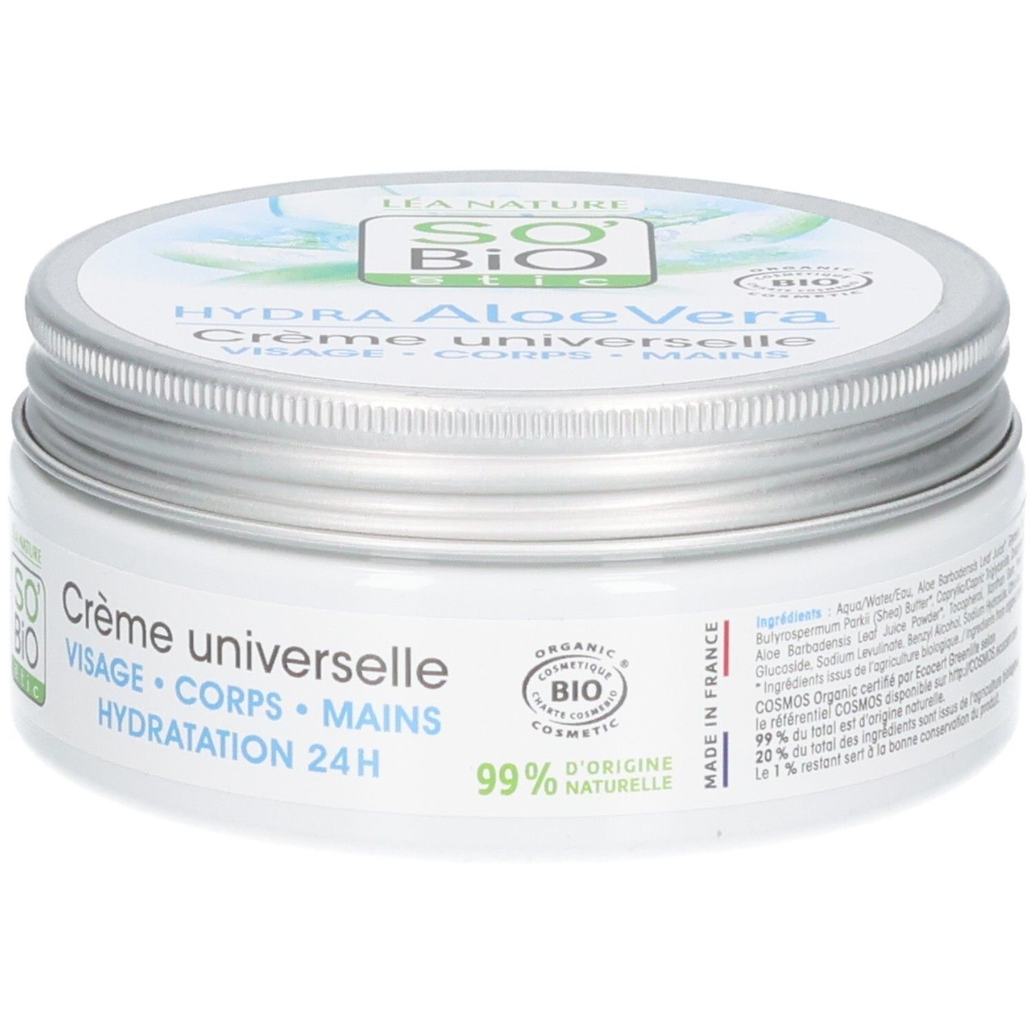Weißer Creme-Tiegel mit silbernem Deckel. Aufschrift: Hydra Aloe Vera, Crème universelle, Visage, Corps, Mains. Bio-Zertifizierung, 99% natürlich.