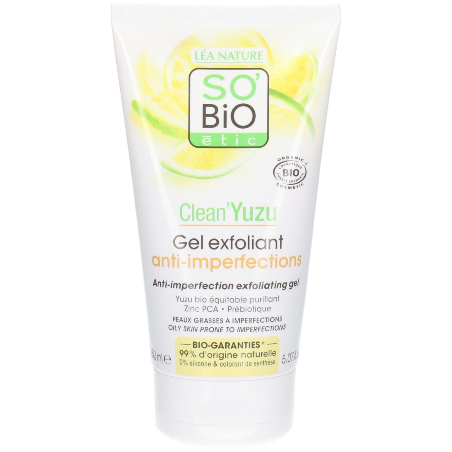 Tube blanc avec inscriptions vertes et jaunes. Inscription: Clean'Yuzu Gel exfoliant anti-imperfections. Certification bio.
