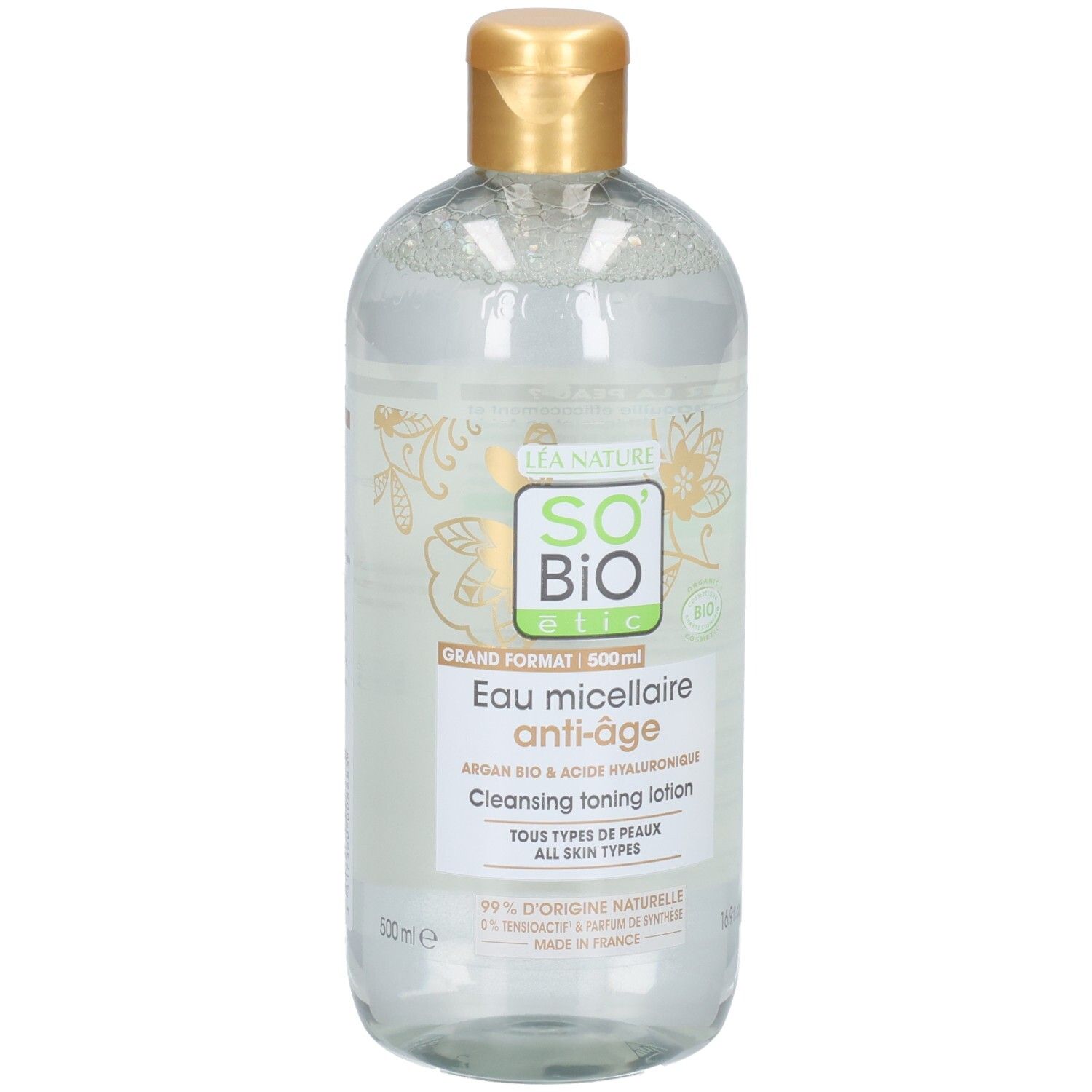 Klare Flasche mit goldfarbenem Verschluss. Etikett mit Produktnamen und Logo. "Eau micellaire anti-âge".