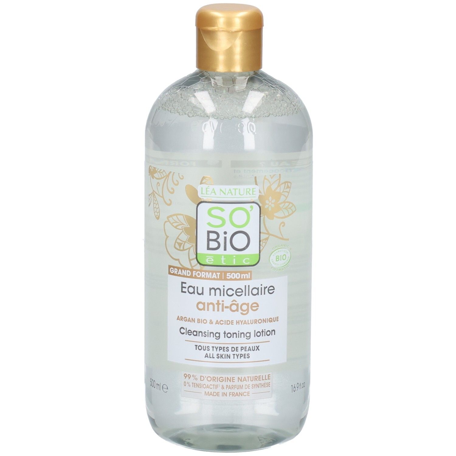 Klare Flasche mit goldfarbenem Verschluss. Etikett mit Produktnamen und Logo. "Eau micellaire anti-âge".