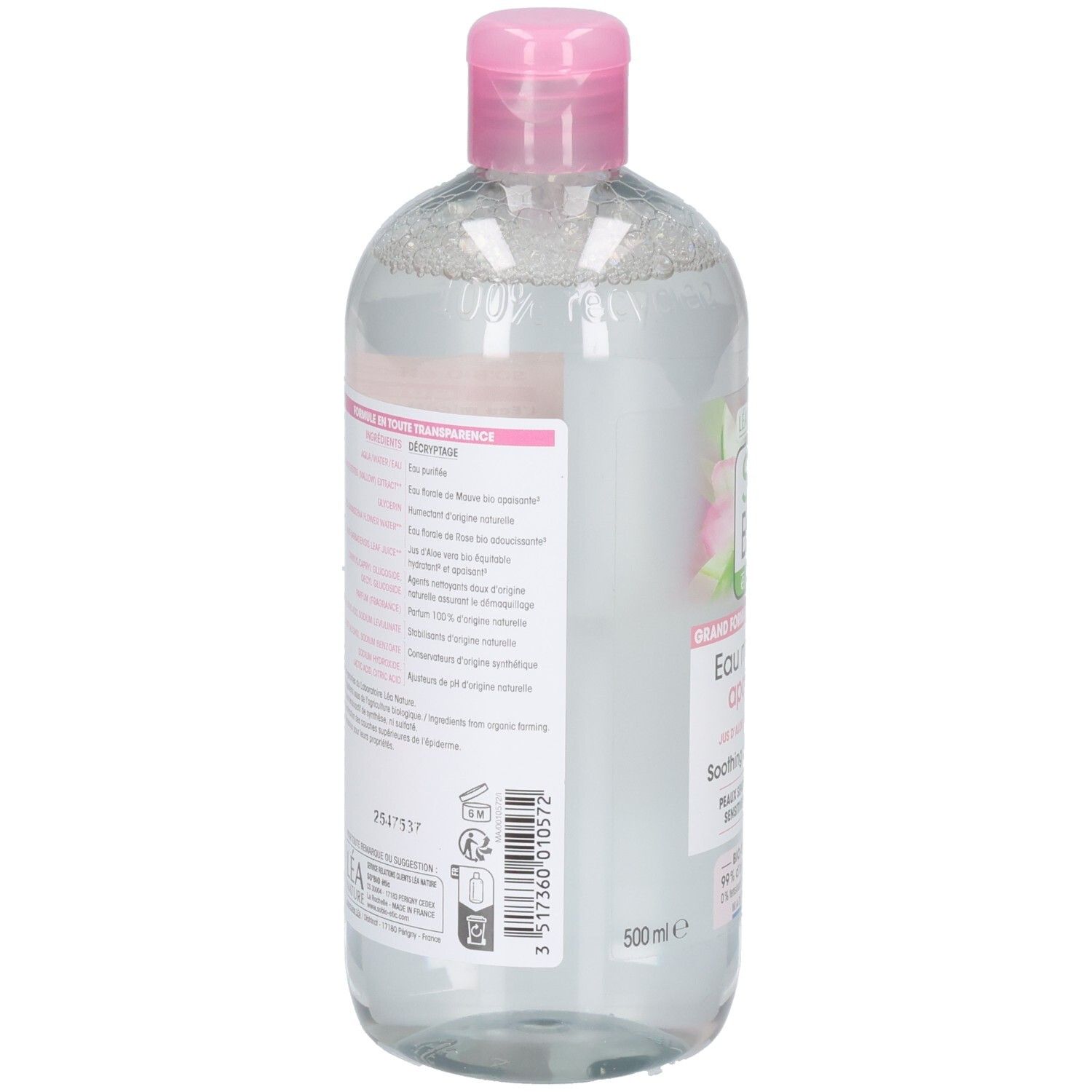 Rückseite der Flasche. Etikett mit Text und Barcode. Produktname und Logo sind teilweise sichtbar.