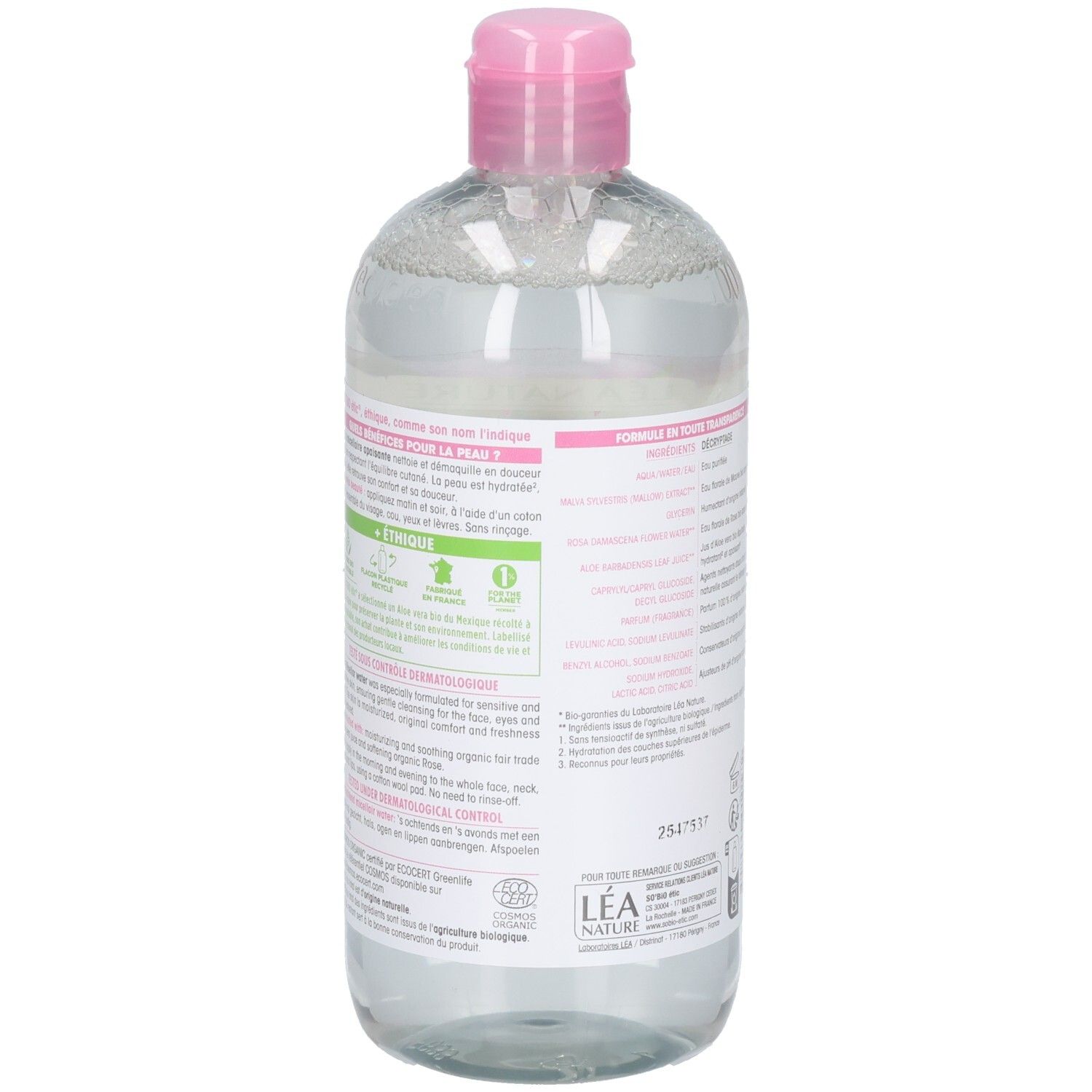 Rückseite der Flasche. Etikett mit Text und Logos. Produktname und Logo sind teilweise sichtbar.