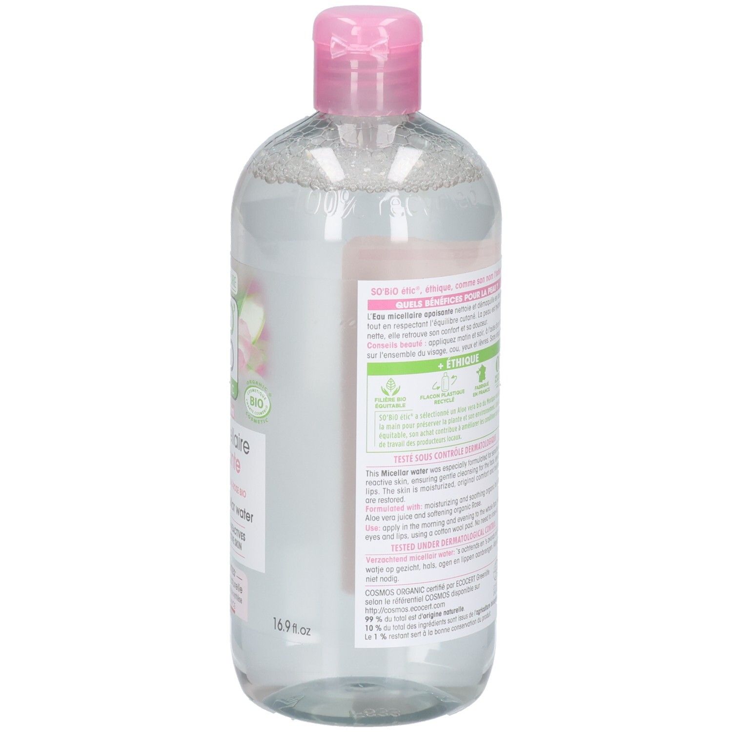 Rückseite der Flasche. Etikett mit Text und Logos. Produktname und Logo sind teilweise sichtbar.