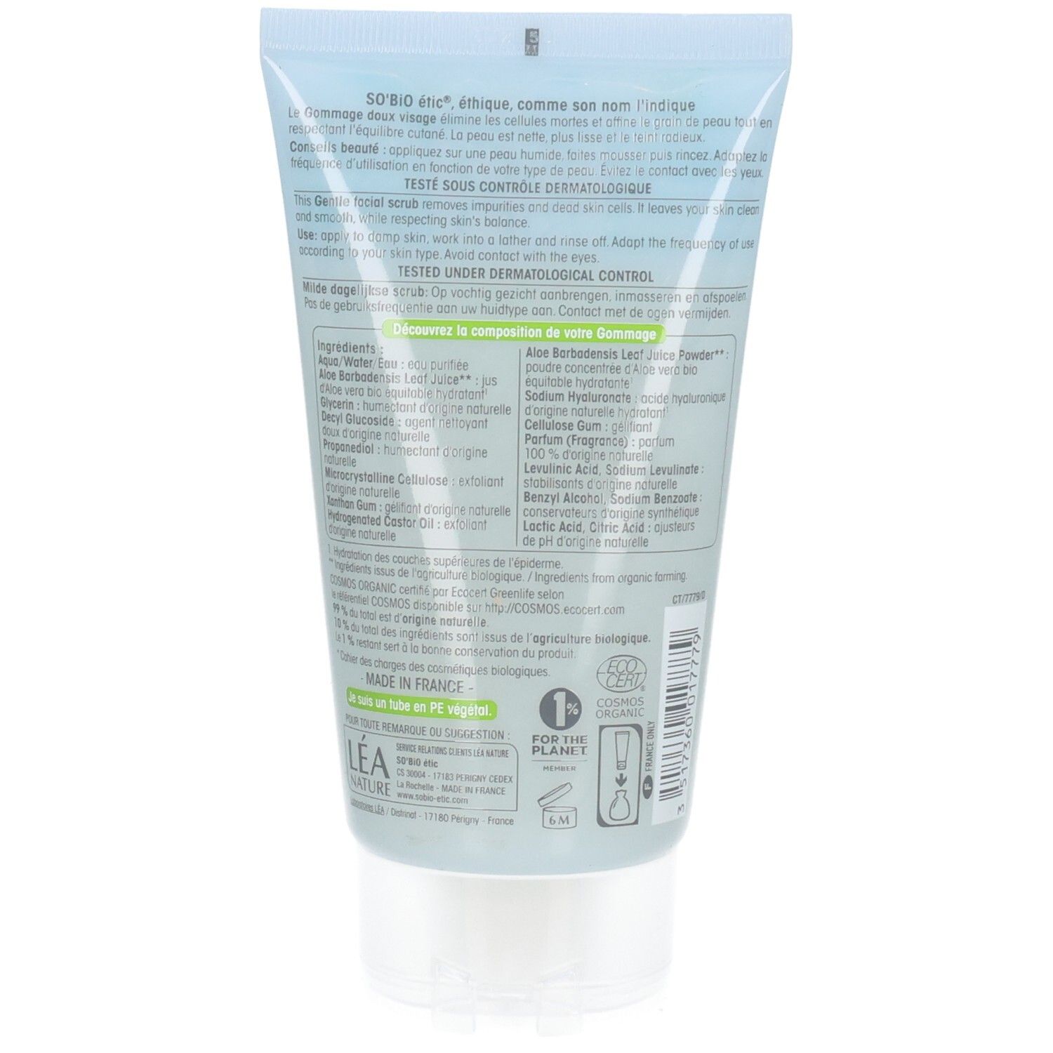 Rückseite des Tubus 'So' Bio étic Gommage doux visage'. Inhaltsstoffe und Zertifizierungen. Hellblauer Hintergrund.