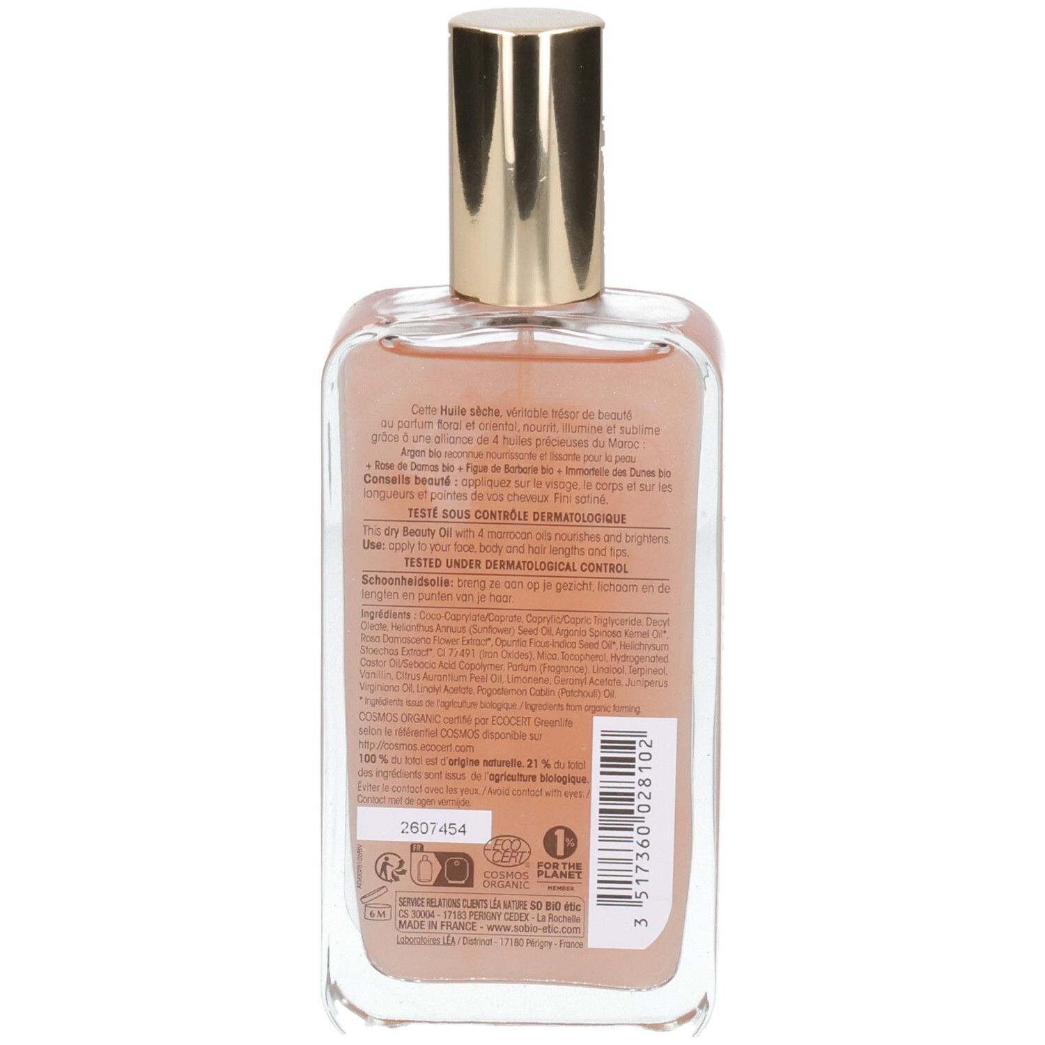 Rückansicht der Flasche. Etikett mit Text und Inhaltsstoffen. Bio-Zertifizierungen und Barcode.