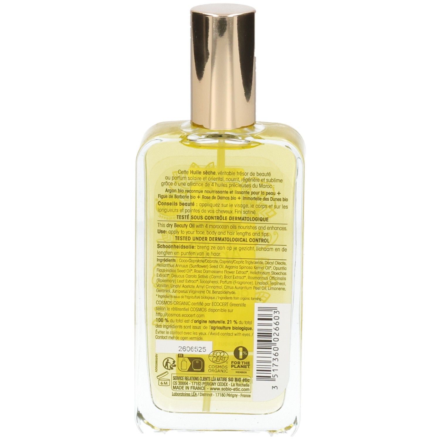 Rückseite der Glasflasche mit Etikett. Text in mehreren Sprachen. Bio-Zertifizierung und Qualitätszeichen.