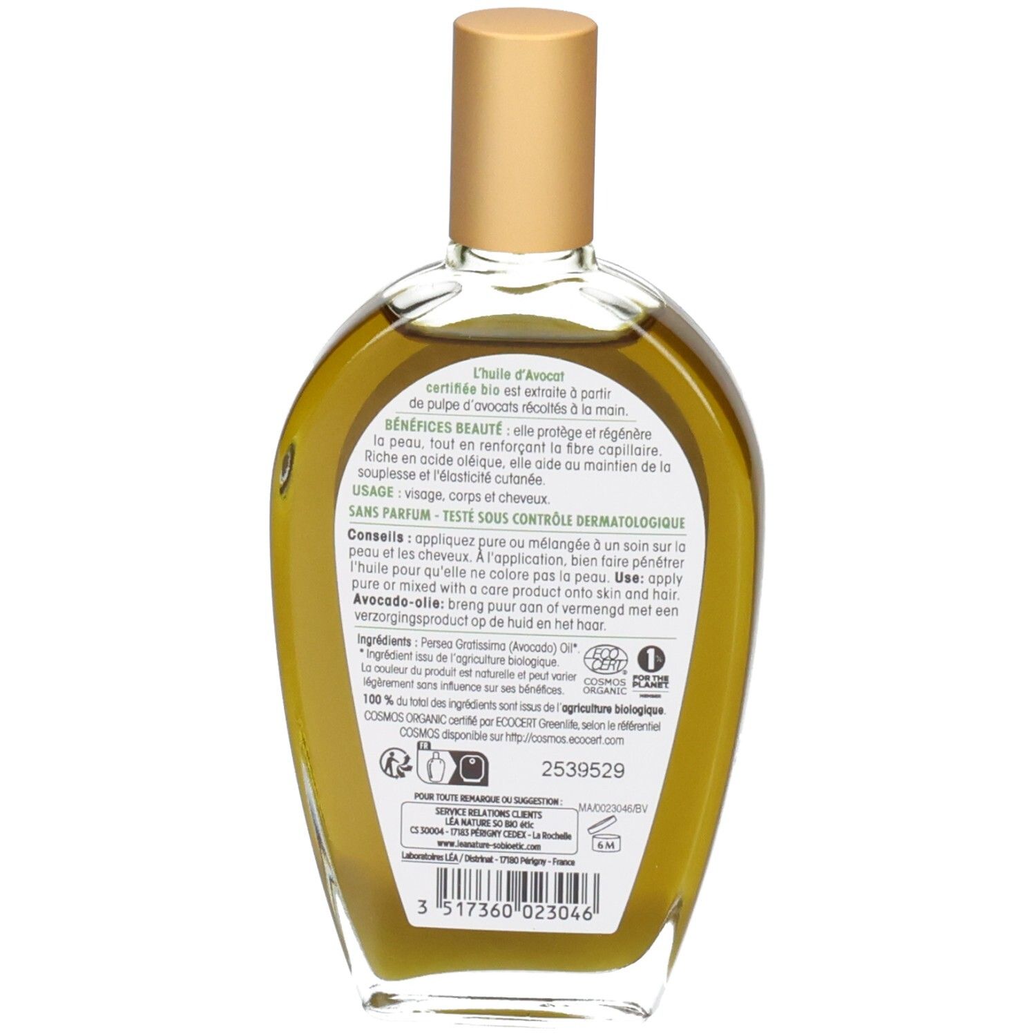 Rückseite der Glasflasche. Etikett mit Text, Inhaltsstoffen und Bio-Siegel. Flüssigkeit von gelber Farbe.