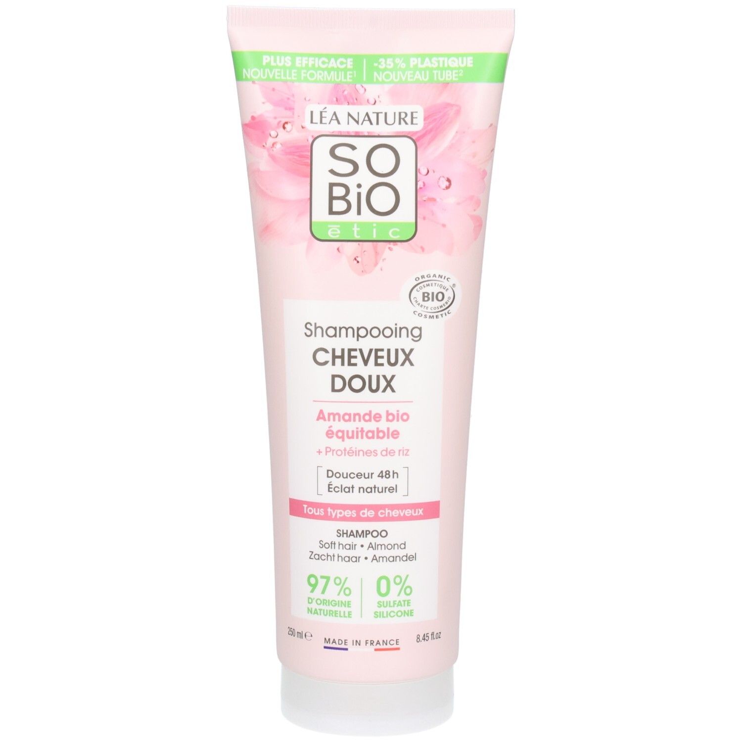 Rosa Tube mit "SO BIO"-Logo und "Shampooing Cheveux Doux"-Schriftzug. Grün-weiße Streifen oben. Bio-Zertifizierung.