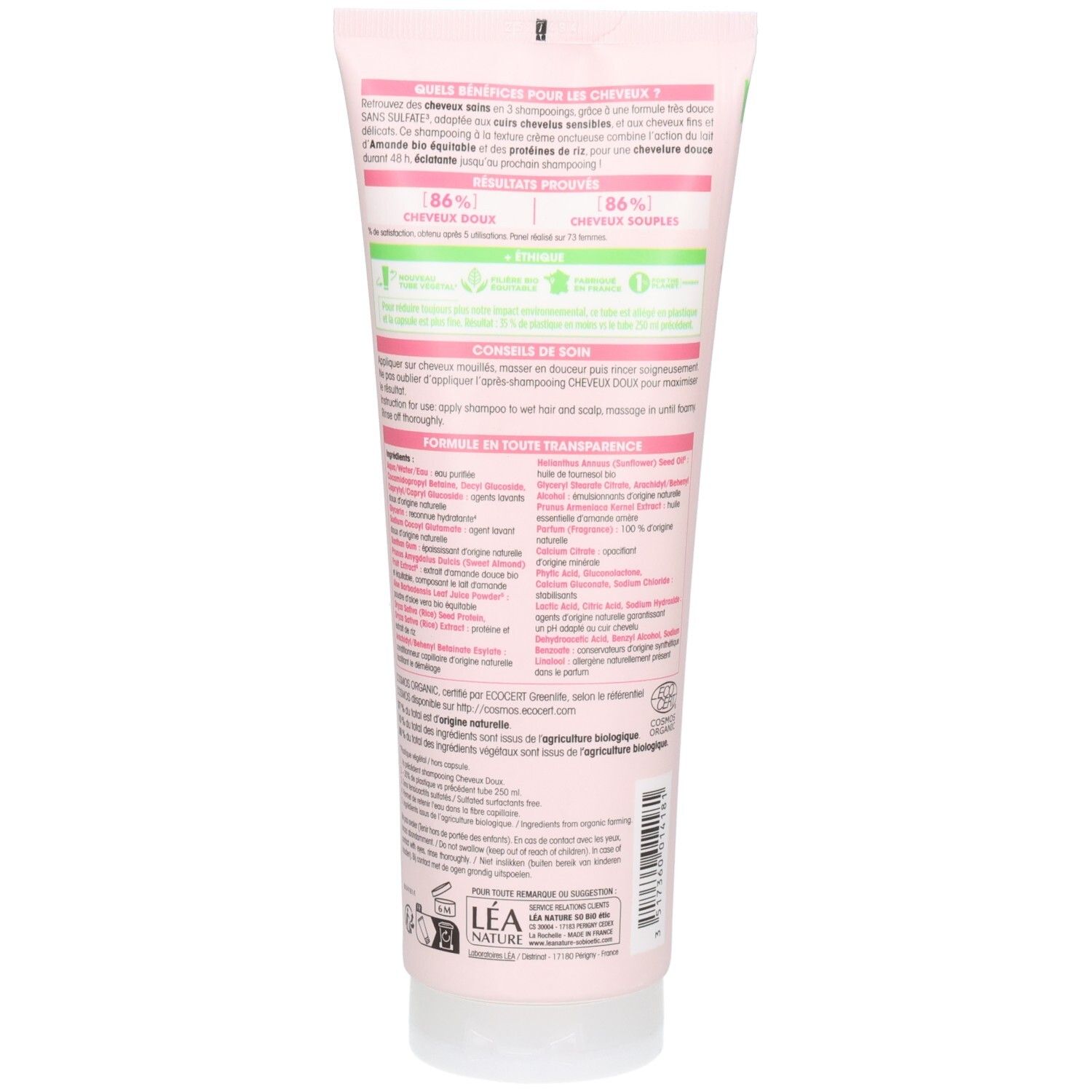 Rückseite der rosa Tube. Text in mehreren Sprachen. Inhaltsstoffe und Bio-Zertifizierung.