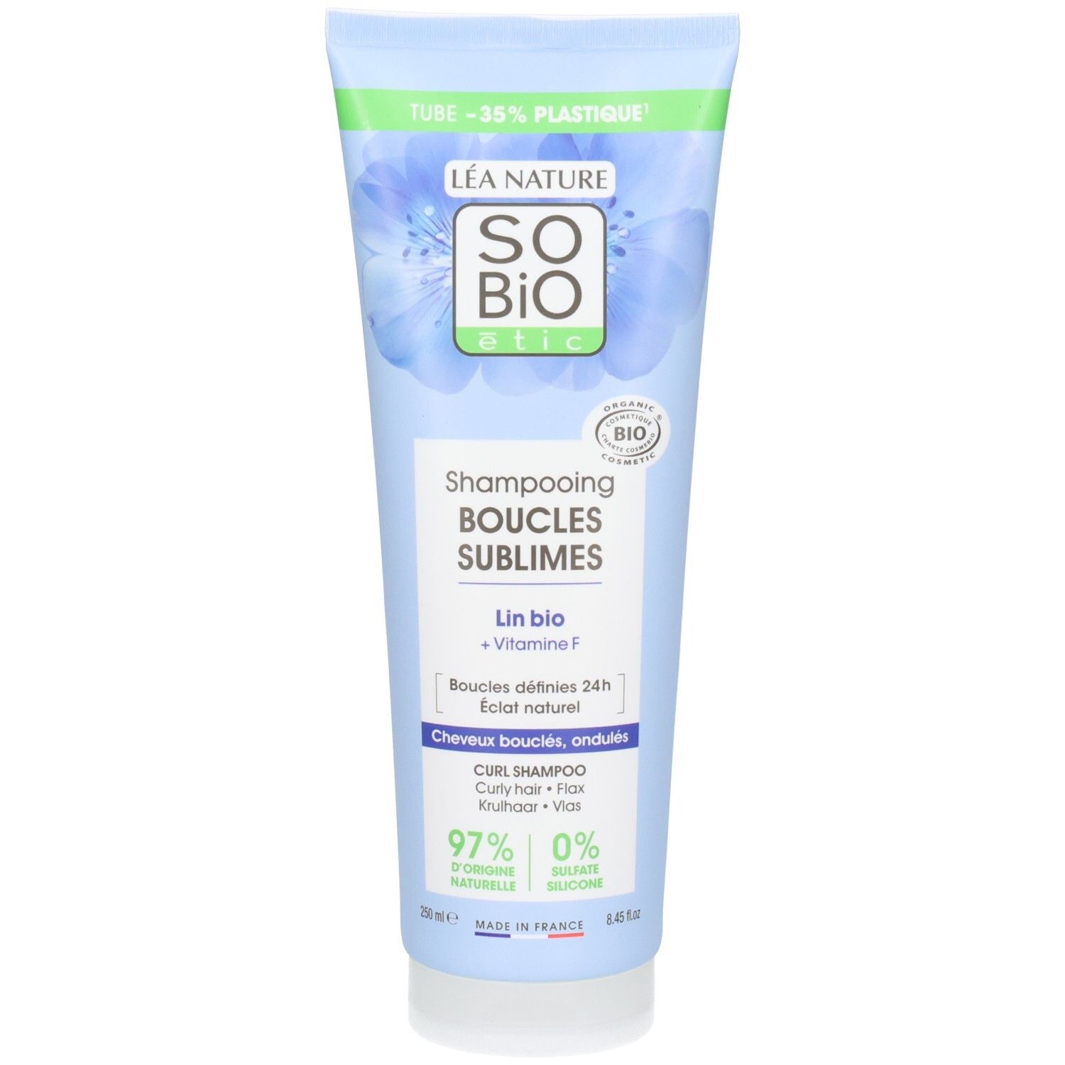 Hellblaue Tube mit "So Bio Etic" Shampoo. Text: "Shampooing Boucles Sublimes". Grün-weiße Logos und Text.