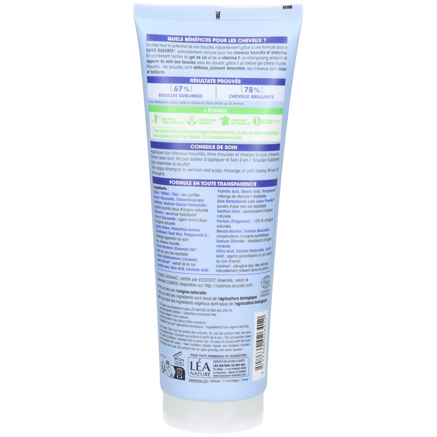 Rückseite der hellblauen Tube. Text: "So Bio Etic". Inhaltsstoffe, Anweisungen und Logos. Grüner Aufkleber.