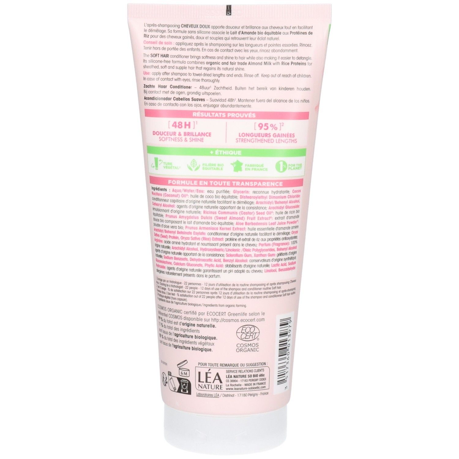 Rückseite der rosa Tube. Text in Französisch. Bio-Zertifizierung. Inhaltsstoffe und weitere Informationen.