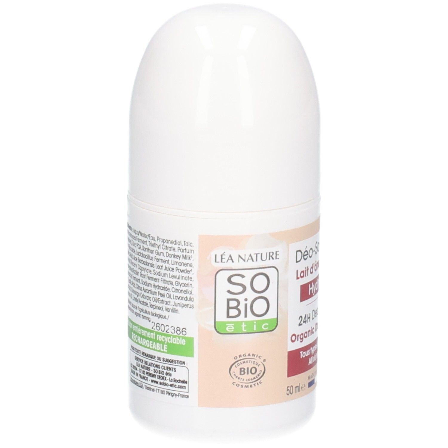 Weißer Roll-on-Deodorant. Aufschrift: So Bio Etic, 24H Deodorant, Lait d'Ânesse Bio. Bio-Zertifizierung.
