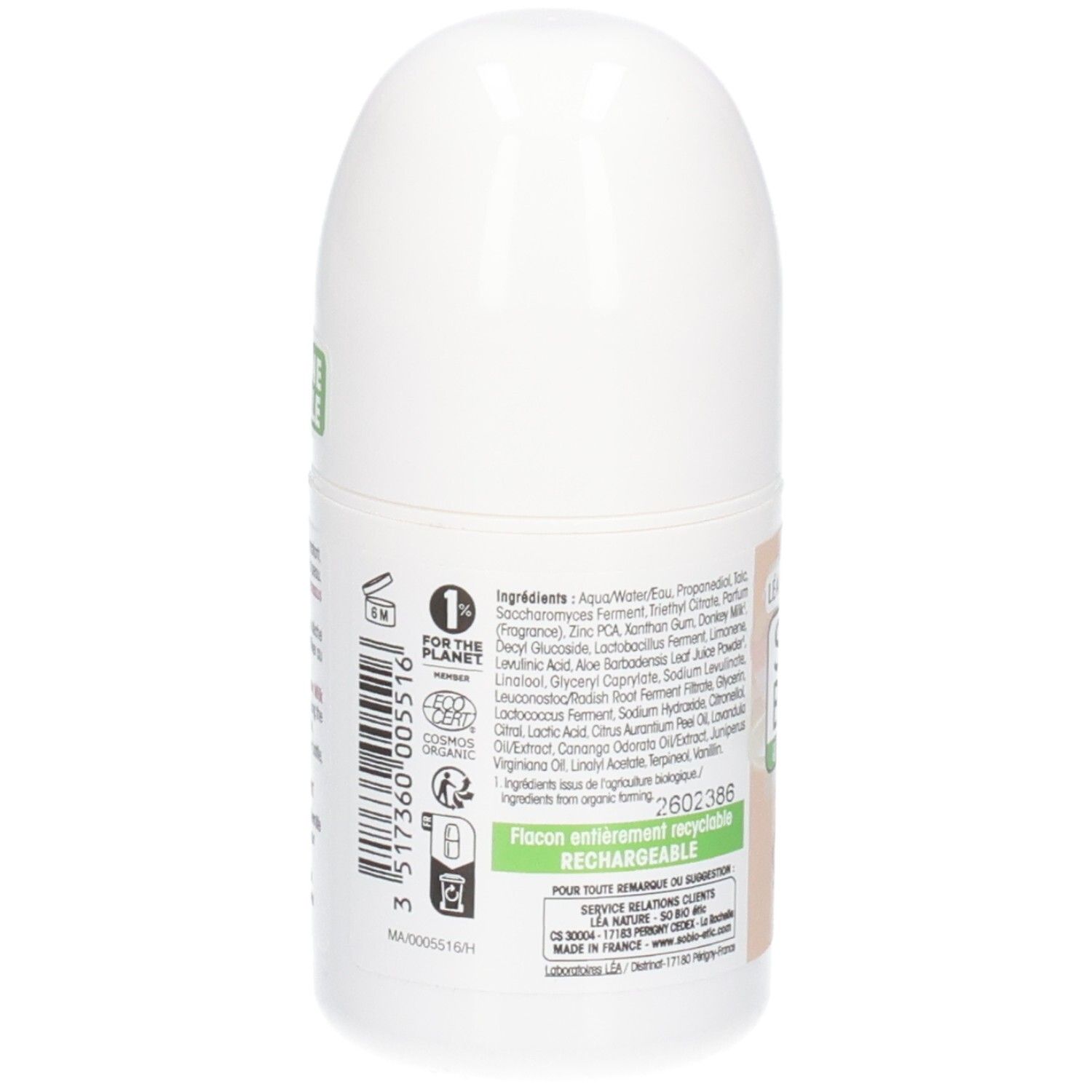 Rückseite des Roll-on-Deodorants. Zutatenliste. Aufschrift: Flacon entièrement recyclable. 1% für den Planeten.