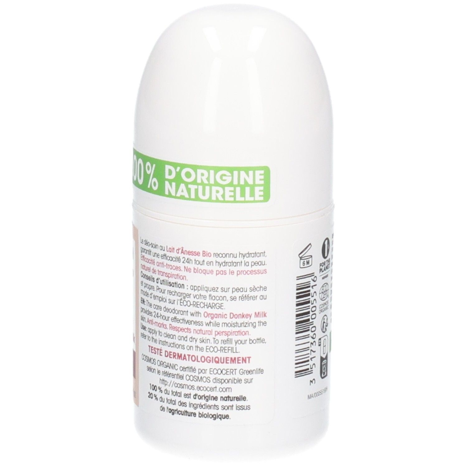 Rückseite des Roll-on-Deodorants. Aufschrift: 100% d'origine naturelle. Text über Anwendung und Inhaltsstoffe.