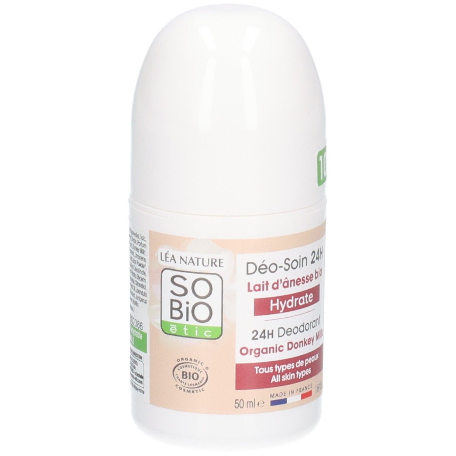 Weißer Roll-on-Deodorant. Aufschrift: So Bio Etic, 24H Deodorant, Lait d'Ânesse Bio, Hydrate. Für alle Hauttypen.