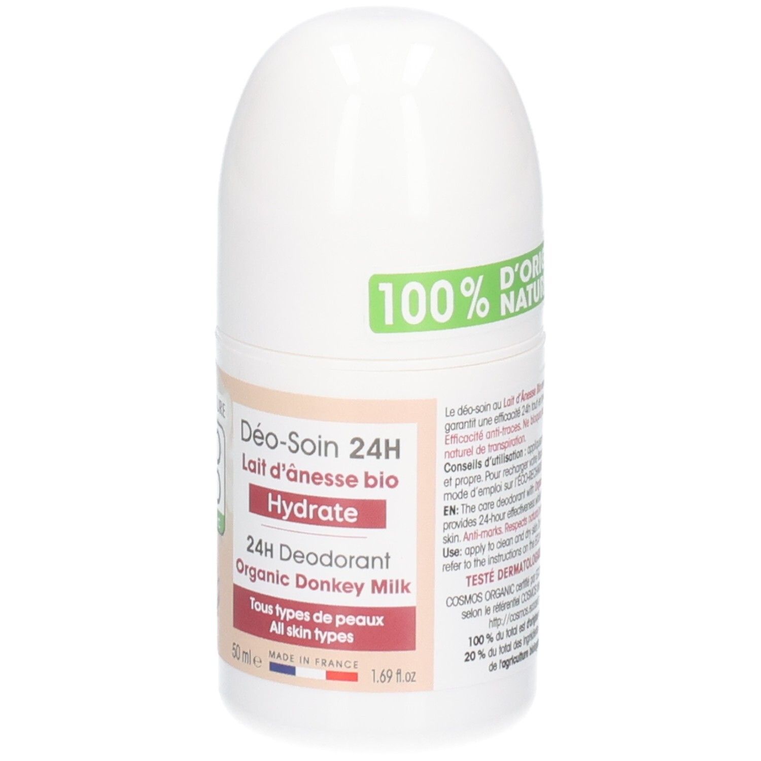 Weißer Roll-on-Deodorant. Aufschrift: 100% d'origine naturelle. 24H Deodorant, Lait d'Ânesse Bio, Hydrate.