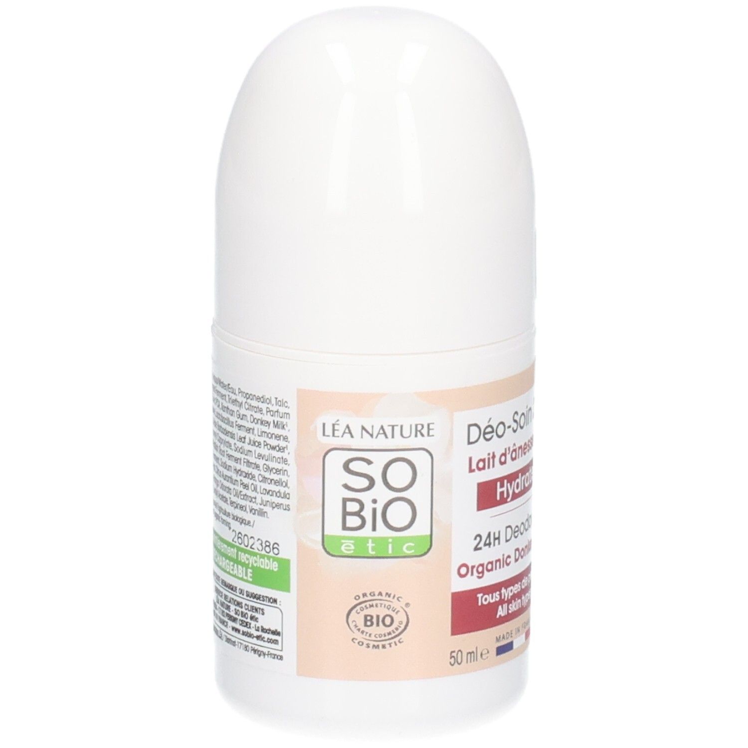 Weißer Roll-on-Deodorant. Aufschrift: So Bio Etic, 24H Deodorant, Lait d'Ânesse Bio. Bio-Zertifizierung.
