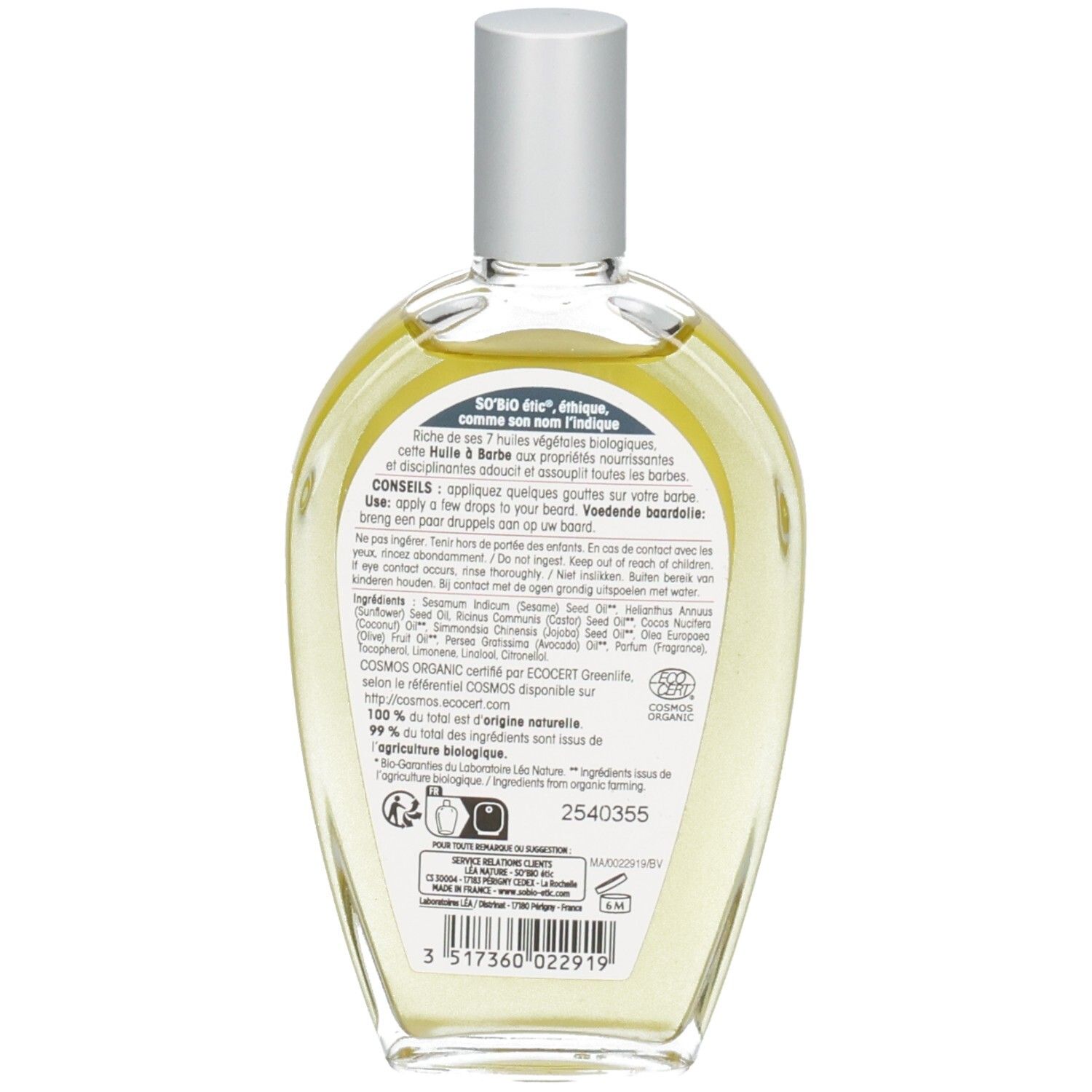 Dos du flacon en verre. Étiquette avec texte et ingrédients. Certification COSMOS ORGANIC.