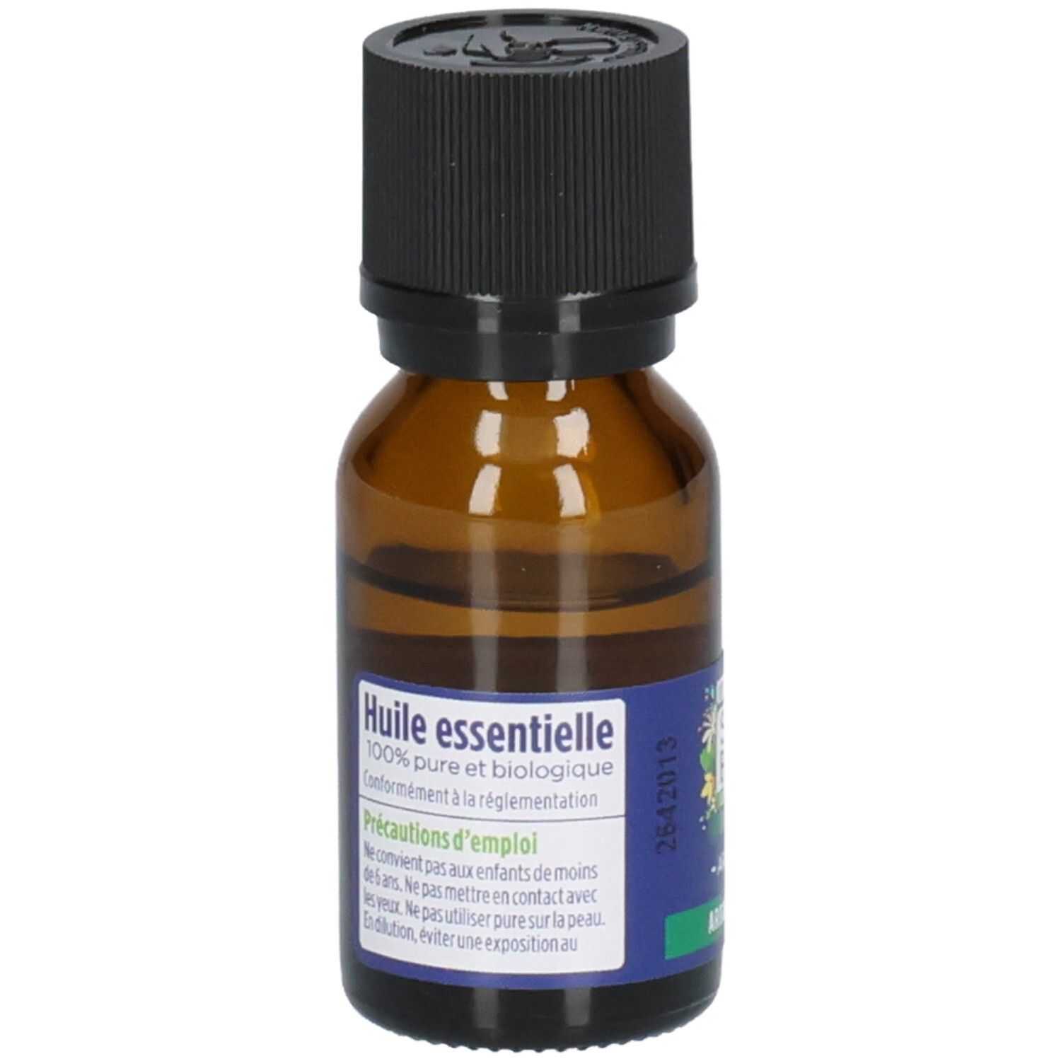 Braune Glasflasche mit schwarzem Verschluss. Etikett mit Produktinformationen. Aufschrift: Huile essentielle.