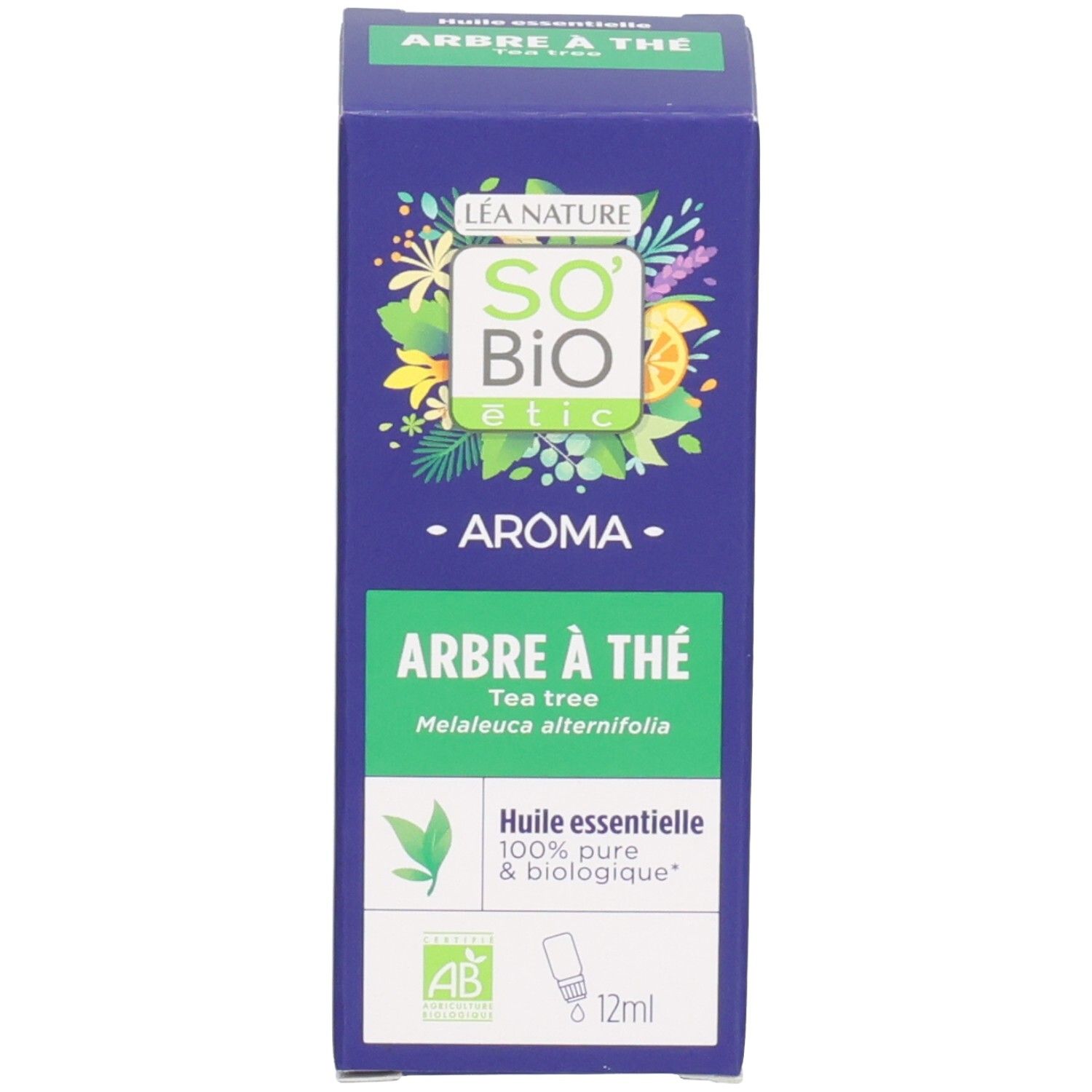 Karton mit Aufschrift: Arbre à Thé, 12ml, Huile essentielle. Logo: AB.