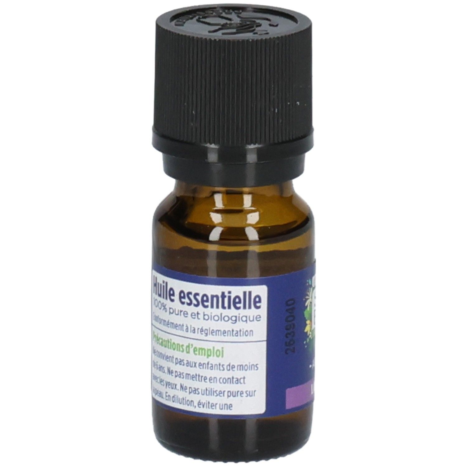 Braune Glasflasche mit schwarzem Deckel. Etikett mit Text: Huile essentielle, 100% pure et biologique.