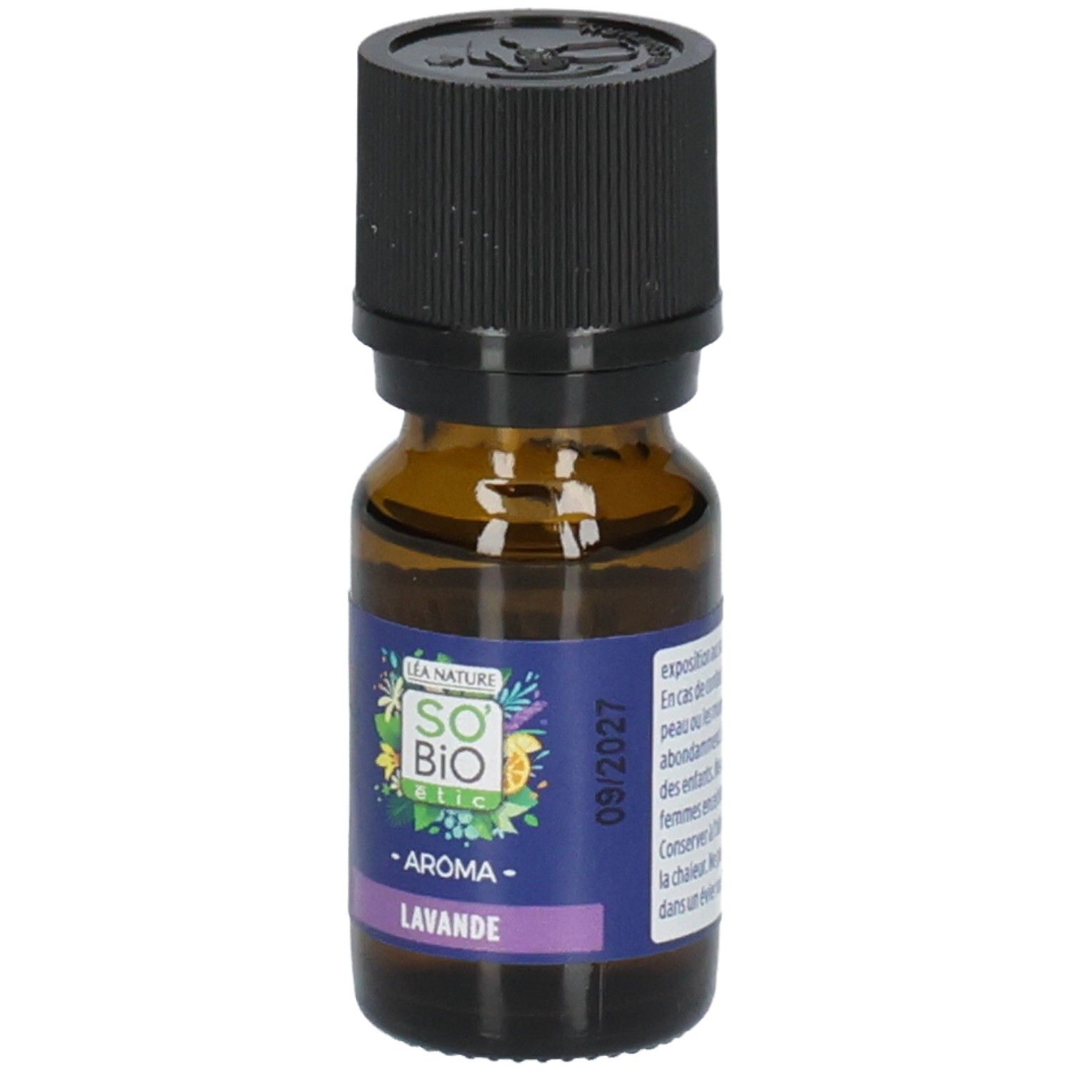 Braune Glasflasche mit schwarzem Deckel. Etikett mit Text: Aroma Lavande, So Bio Etic, 09/2027.