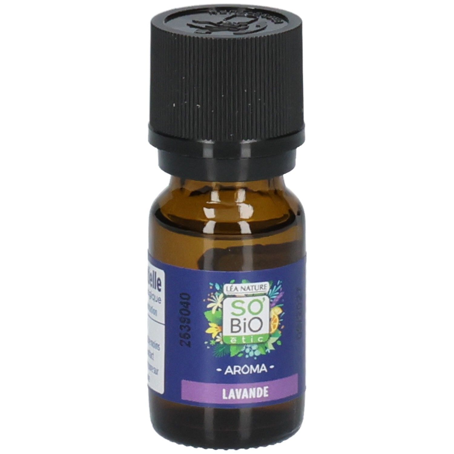 Braune Glasflasche mit schwarzem Deckel. Etikett mit Text: Aroma Lavande, So Bio Etic.