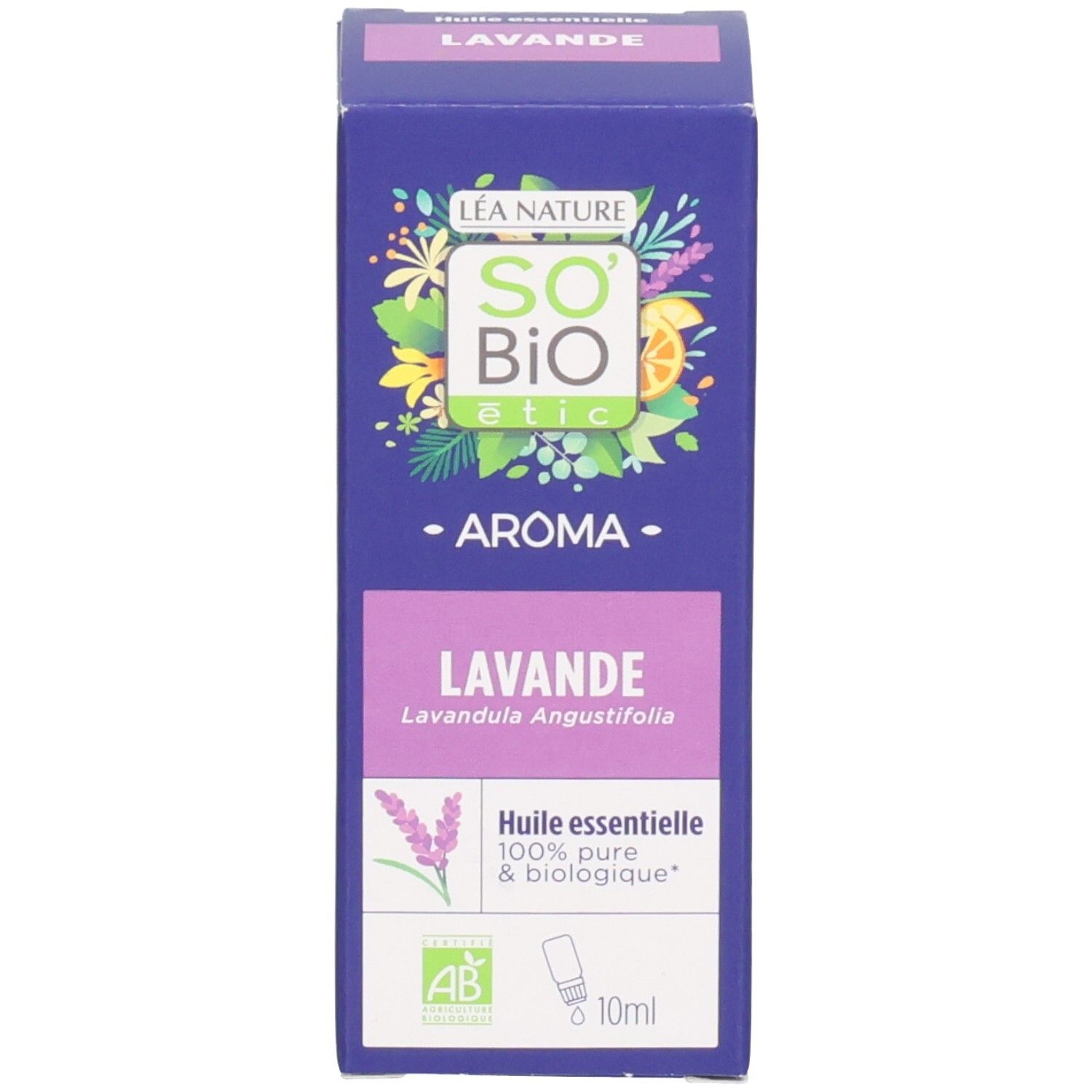 Schachtel mit Text: Lavande, So Bio Etic, Huile essentielle. Mit Abbildung einer Lavendelblüte.