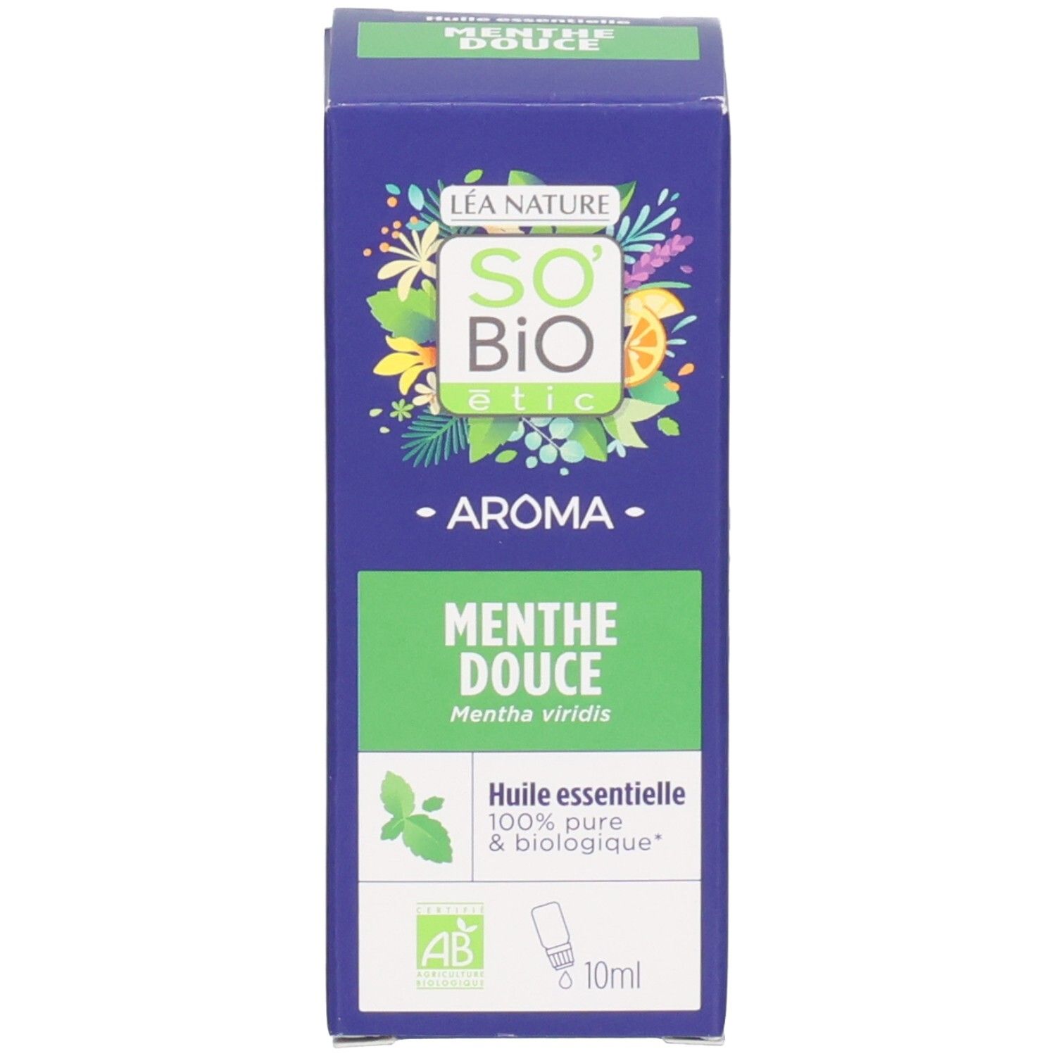 Karton mit Text: So Bio, Menthe Douce, Huile essentielle. Braune Glasflasche mit schwarzem Deckel.